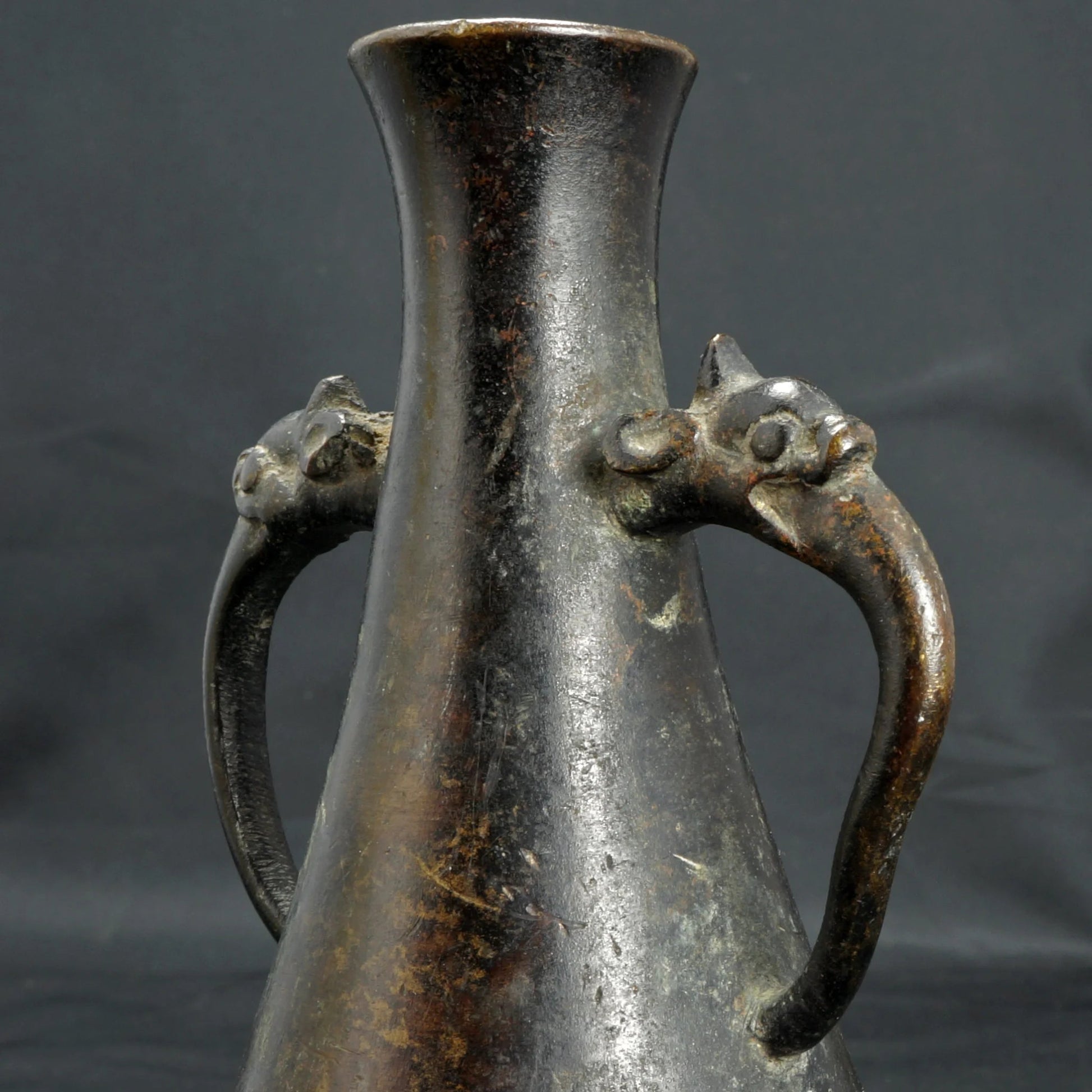 Small Chinese Bronze Scholar Vase with Mask Handles Late Ming/Early Qing circa 16th C - Bear and Raven Antiques