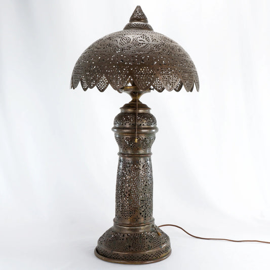 Tall Pierced Brass Middle Eastern Turkish Style Table Lamp c 1920 - Bear and Raven Antiques