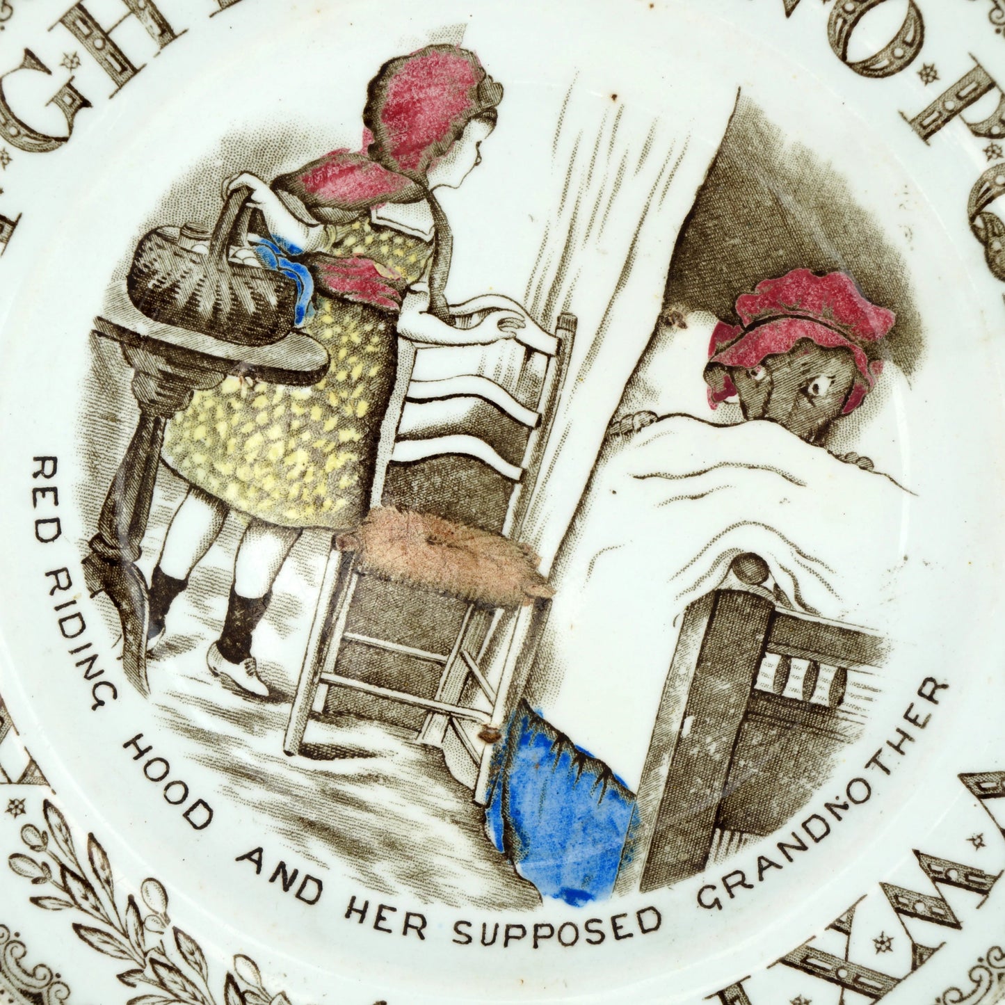 Victorian Child's Transferware Alphabet Plate Little Red Riding Hood Brownhills - Bear and Raven Antiques