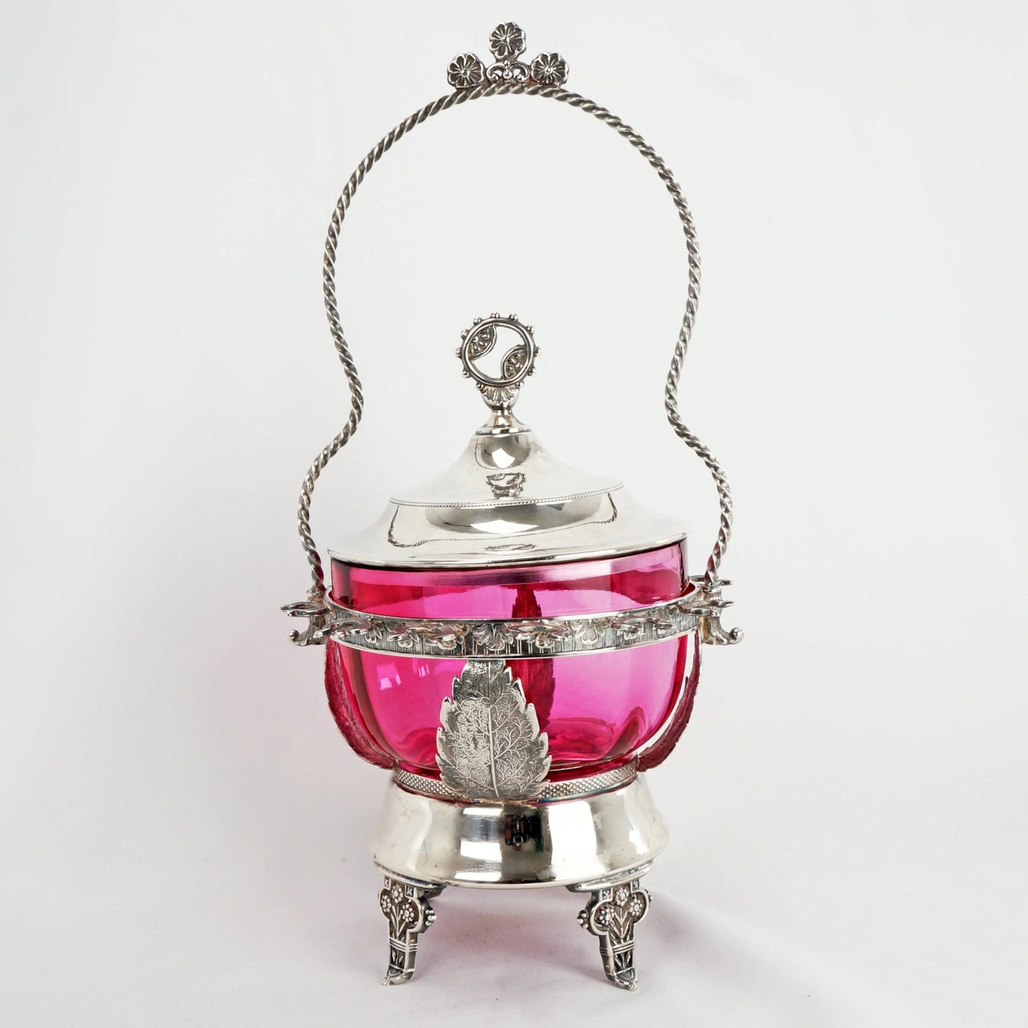 Victorian Cranberry Glass Silver Plate Jam Holder with Spoon Holder Late 19th Century - Bear and Raven Antiques