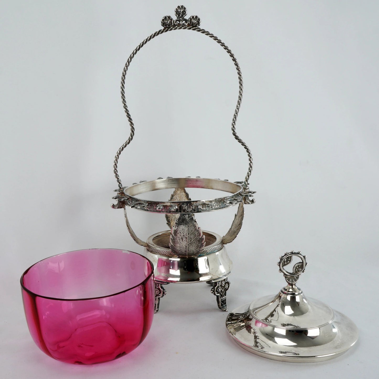 Victorian Cranberry Glass Silver Plate Jam Holder with Spoon Holder Late 19th Century - Bear and Raven Antiques