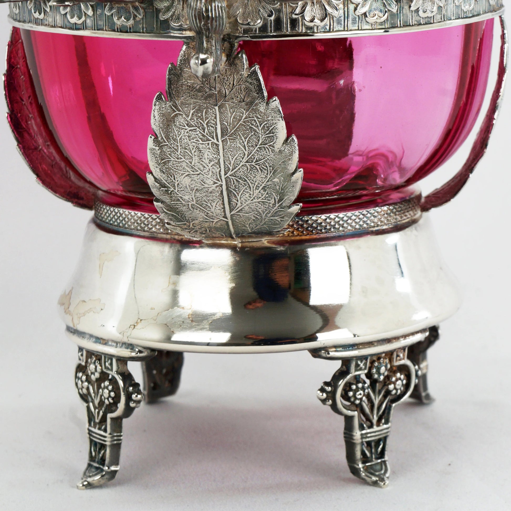 Victorian Cranberry Glass Silver Plate Jam Holder with Spoon Holder Late 19th Century - Bear and Raven Antiques