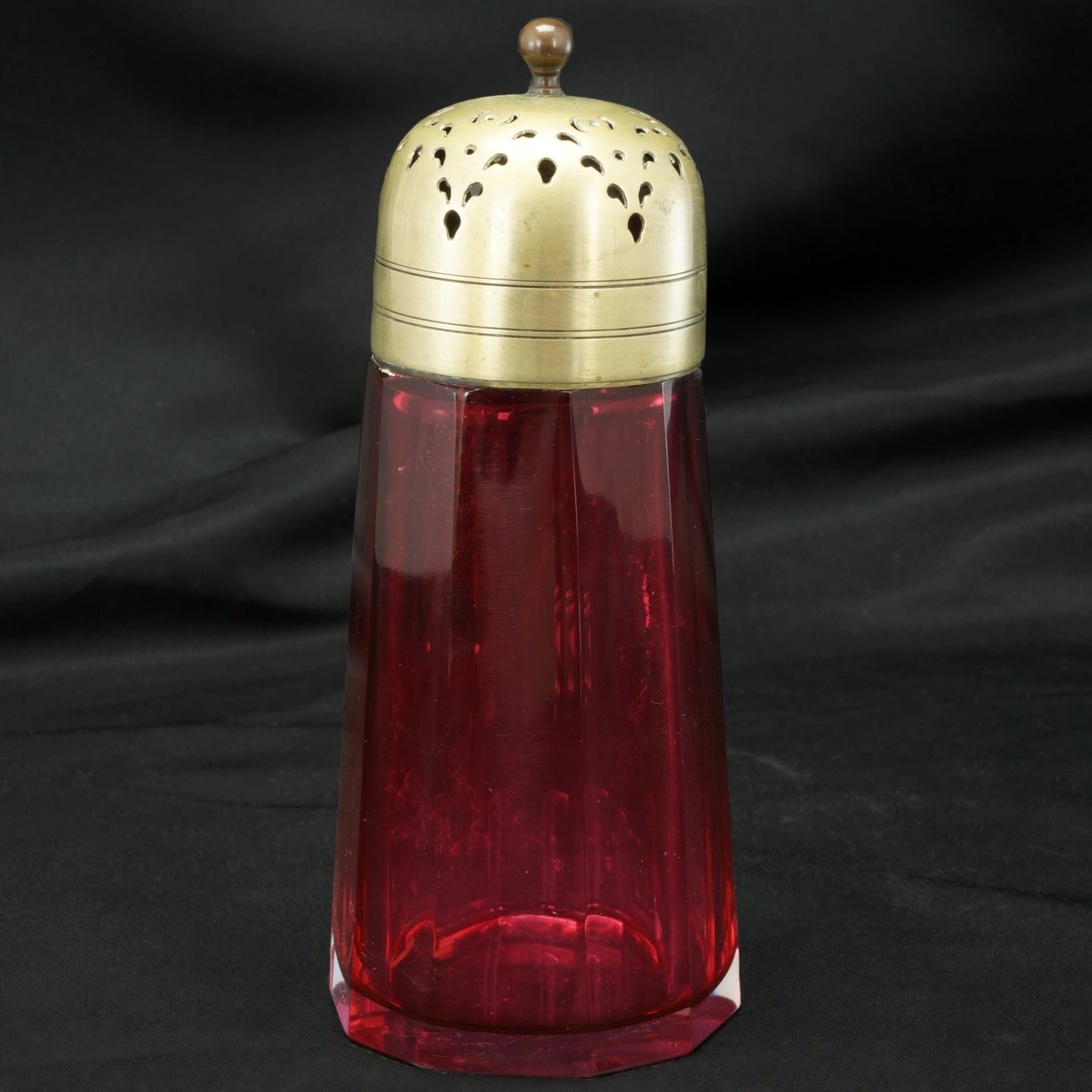 Victorian English Cranberry Glass and Brass Sugar Shaker 19th Century - Bear and Raven Antiques