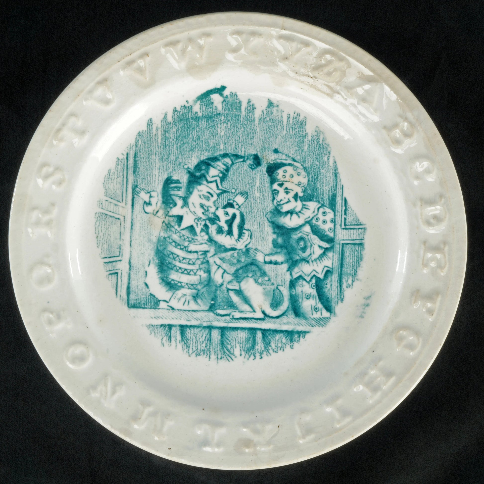 Victorian Punch Transferware Child's Alphabet Plate Blue 19th Century - Bear and Raven Antiques