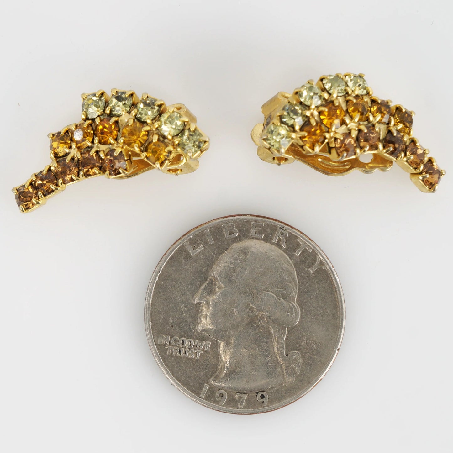 Vintage 1960s Amber, Brown, and Clear Rhinestone Clip Earrings - Bear and Raven Antiques