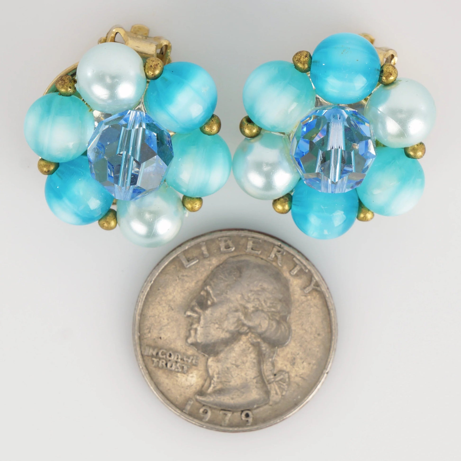 Vintage 1960s Clip Earrings Lisner Signed Aqua Blues & White Cluster Beads - Bear and Raven Antiques