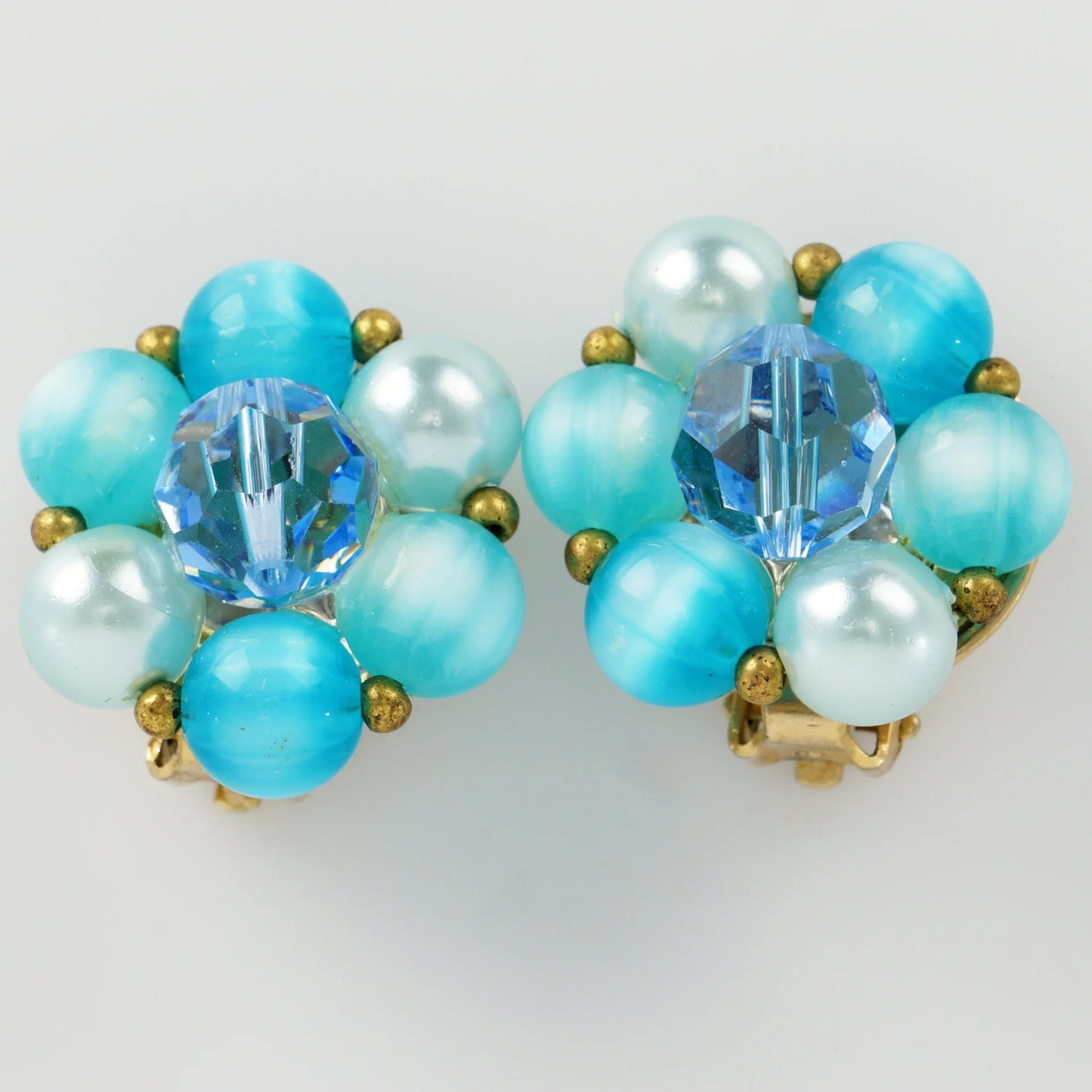 Vintage 1960s Clip Earrings Lisner Signed Aqua Blues & White Cluster Beads - Bear and Raven Antiques