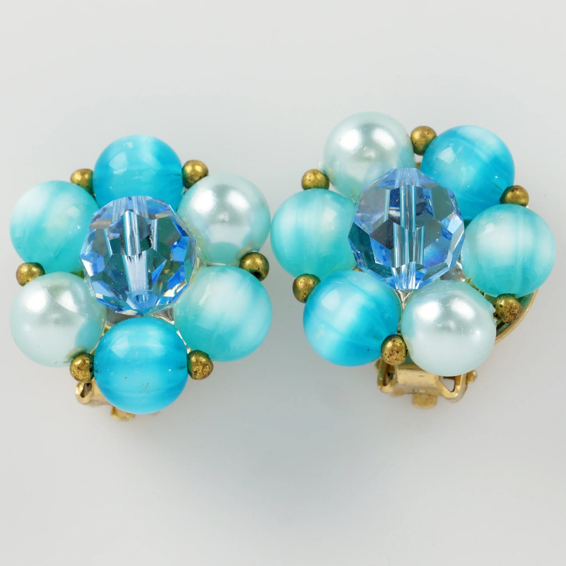 Vintage 1960s Clip Earrings Lisner Signed Aqua Blues & White Cluster Beads - Bear and Raven Antiques