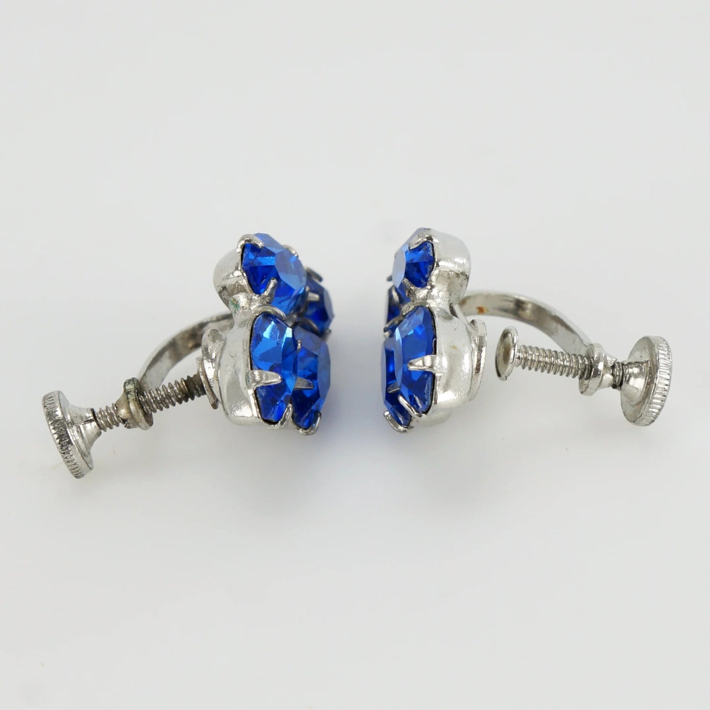 Vintage Blue Rhinestone Silver - tone Clip Earrings - Bear and Raven Antiques