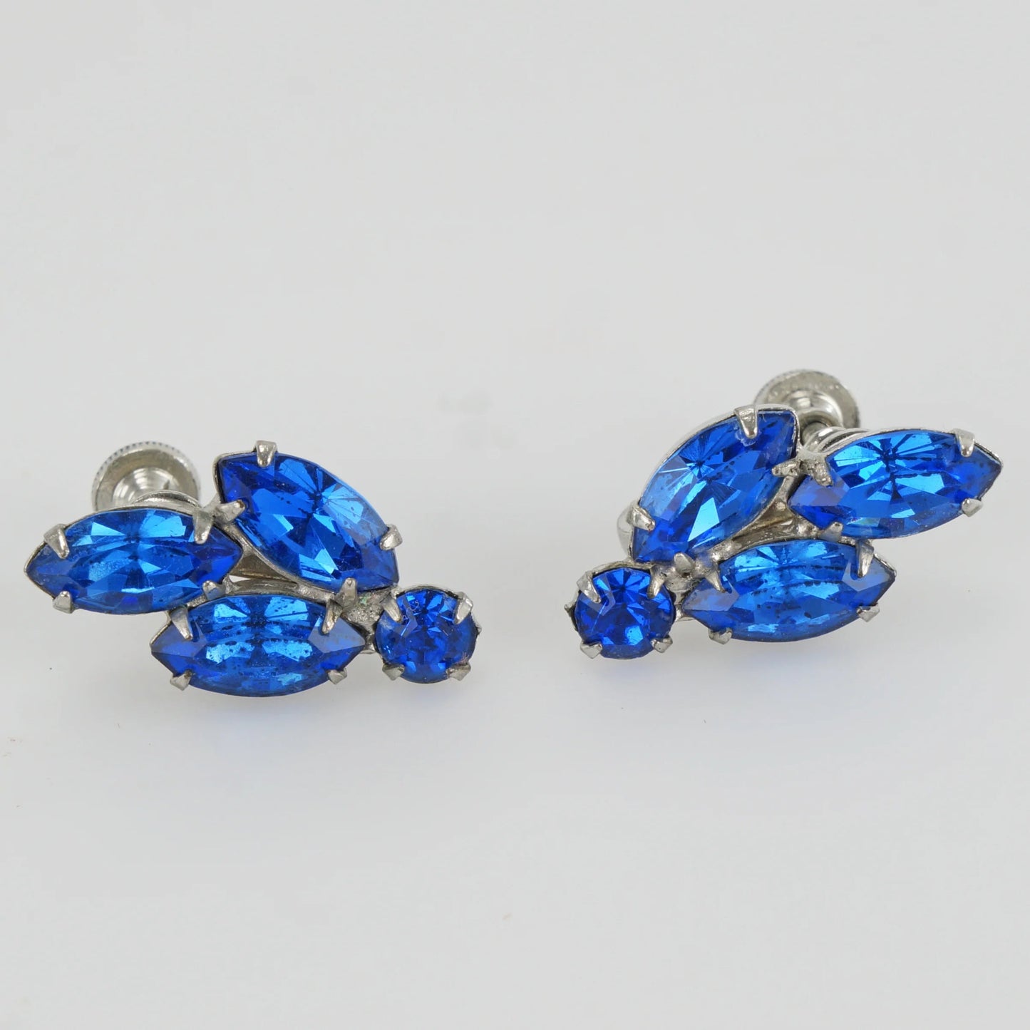 Vintage Blue Rhinestone Silver - tone Clip Earrings - Bear and Raven Antiques