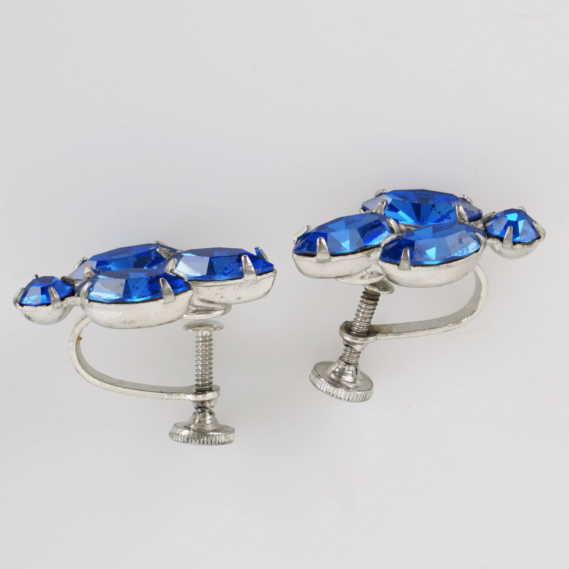 Vintage Blue Rhinestone Silver - tone Clip Earrings - Bear and Raven Antiques