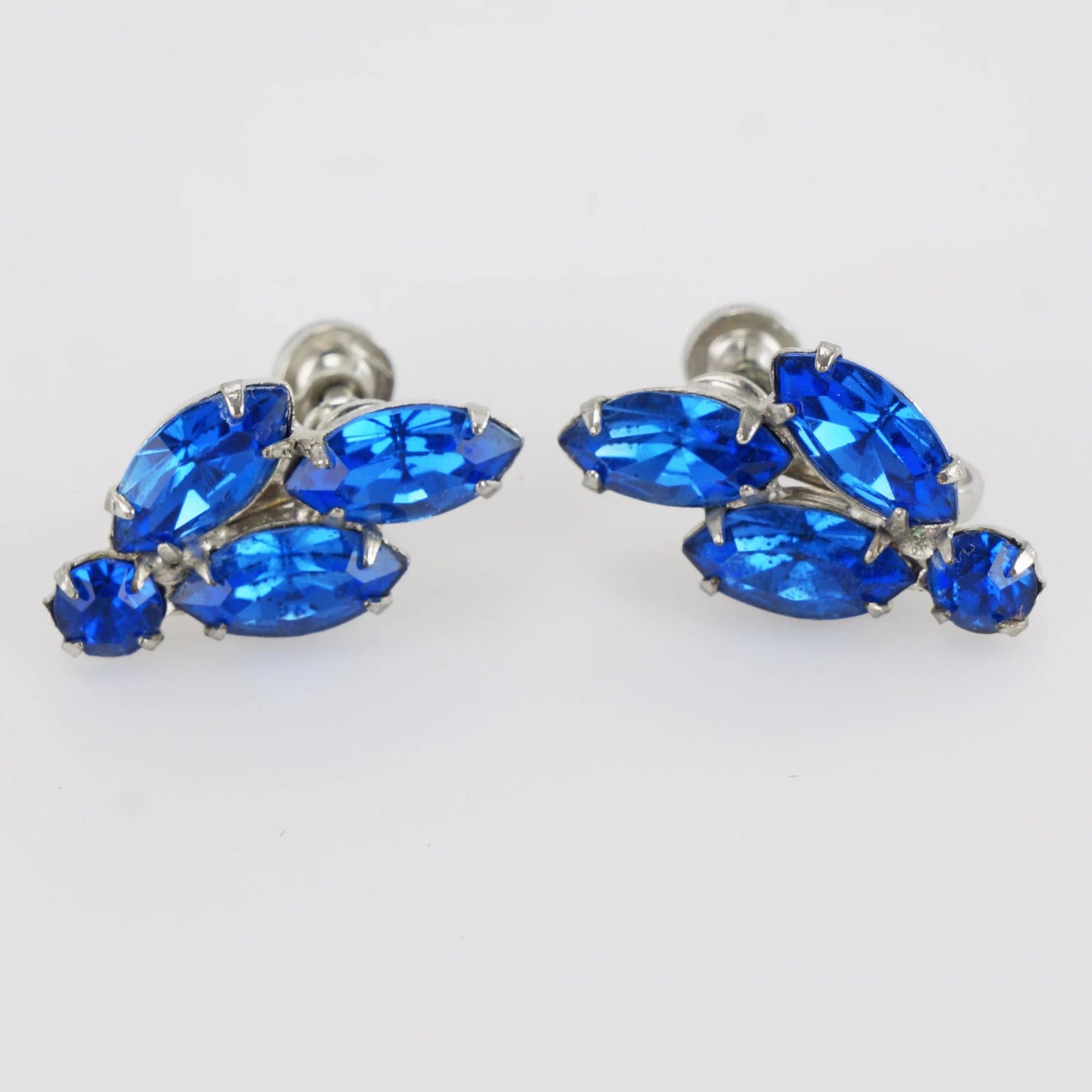 Vintage Blue Rhinestone Silver - tone Clip Earrings - Bear and Raven Antiques