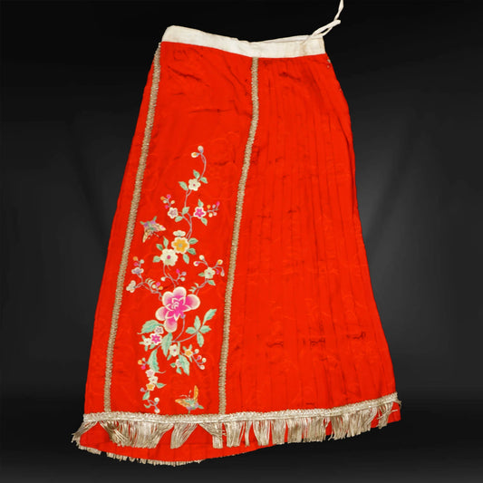 Vintage Chinese Silk Women’s Skirt Red with Metal Fringe c 1920s - Bear and Raven Antiques