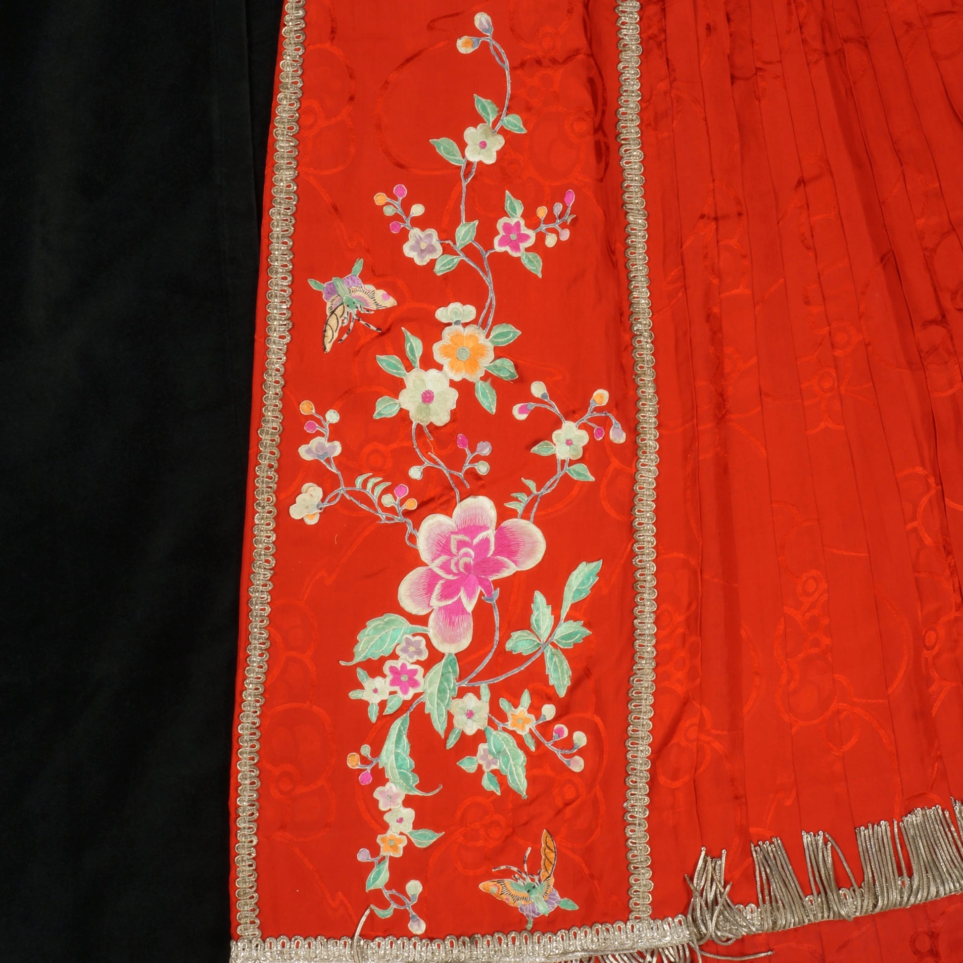 Vintage Chinese Silk Women’s Skirt Red with Metal Fringe c 1920s - Bear and Raven Antiques