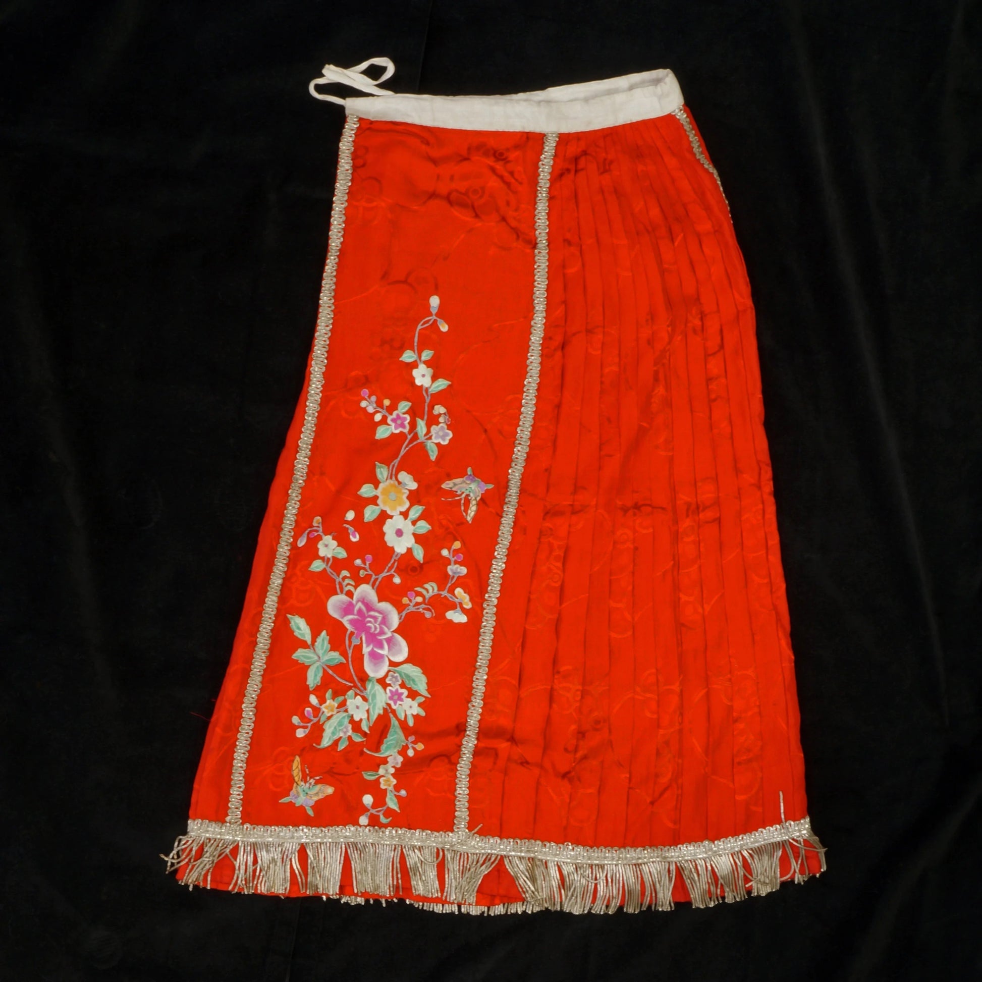 Vintage Chinese Silk Women’s Skirt Red with Metal Fringe c 1920s - Bear and Raven Antiques