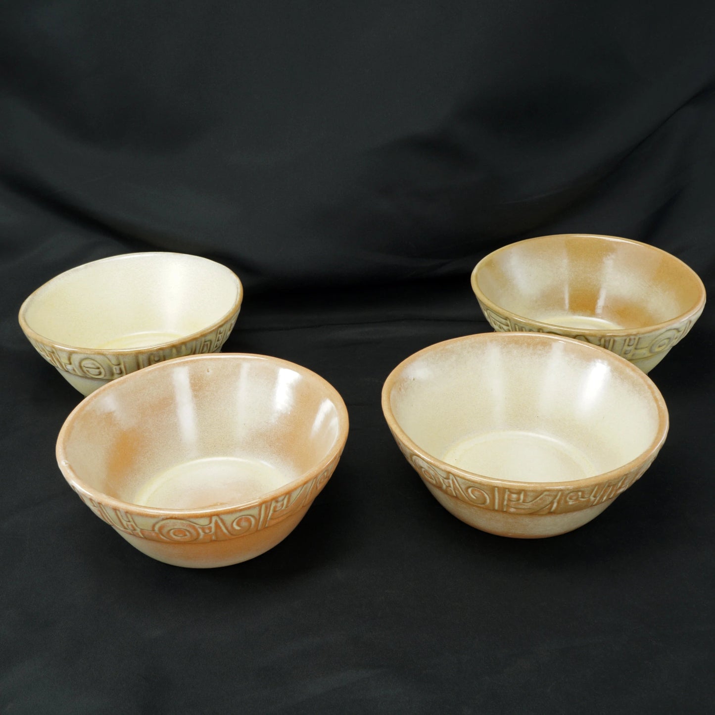 Vintage Frankoma Mayan Aztec Pattern Salad Bowls #7XL Dessert Gold - Set of 4 - Bear and Raven Antiques