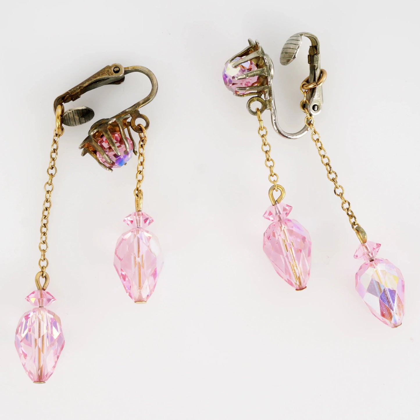 Vintage Pink Crystal Glass Rhinestone Dangle Chain Earrings c 1960s - Bear and Raven Antiques