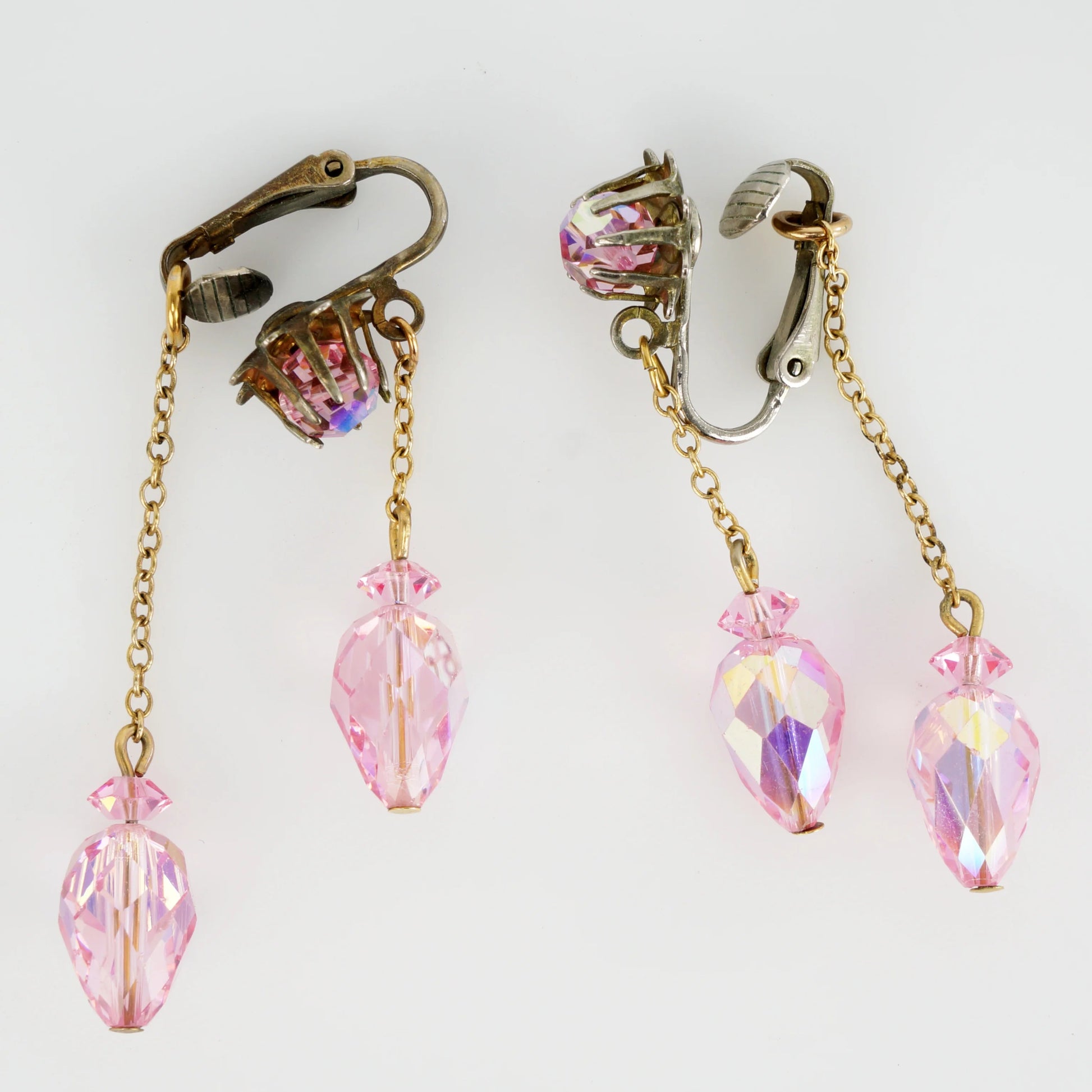 Vintage Pink Crystal Glass Rhinestone Dangle Chain Earrings c 1960s - Bear and Raven Antiques