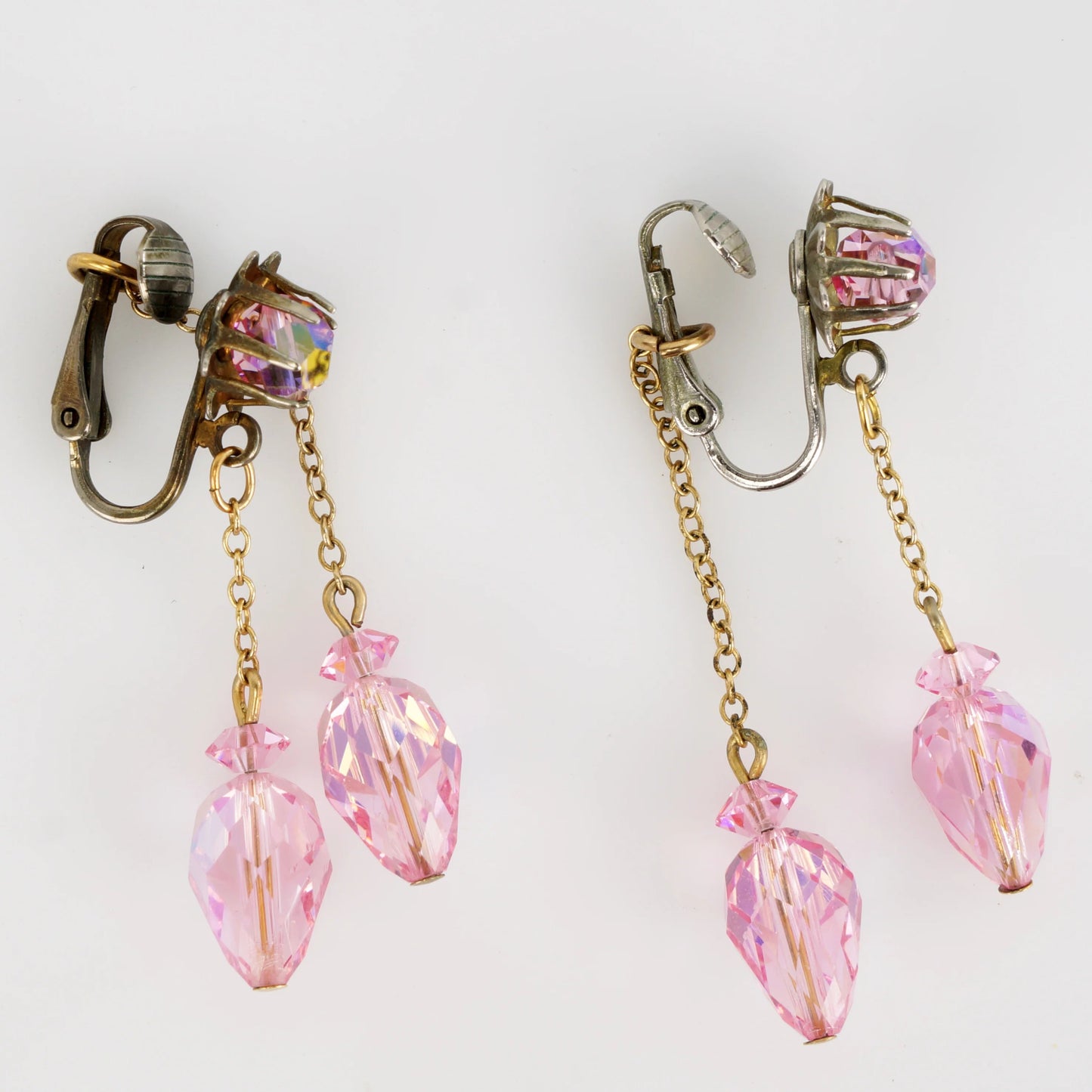 Vintage Pink Crystal Glass Rhinestone Dangle Chain Earrings c 1960s - Bear and Raven Antiques