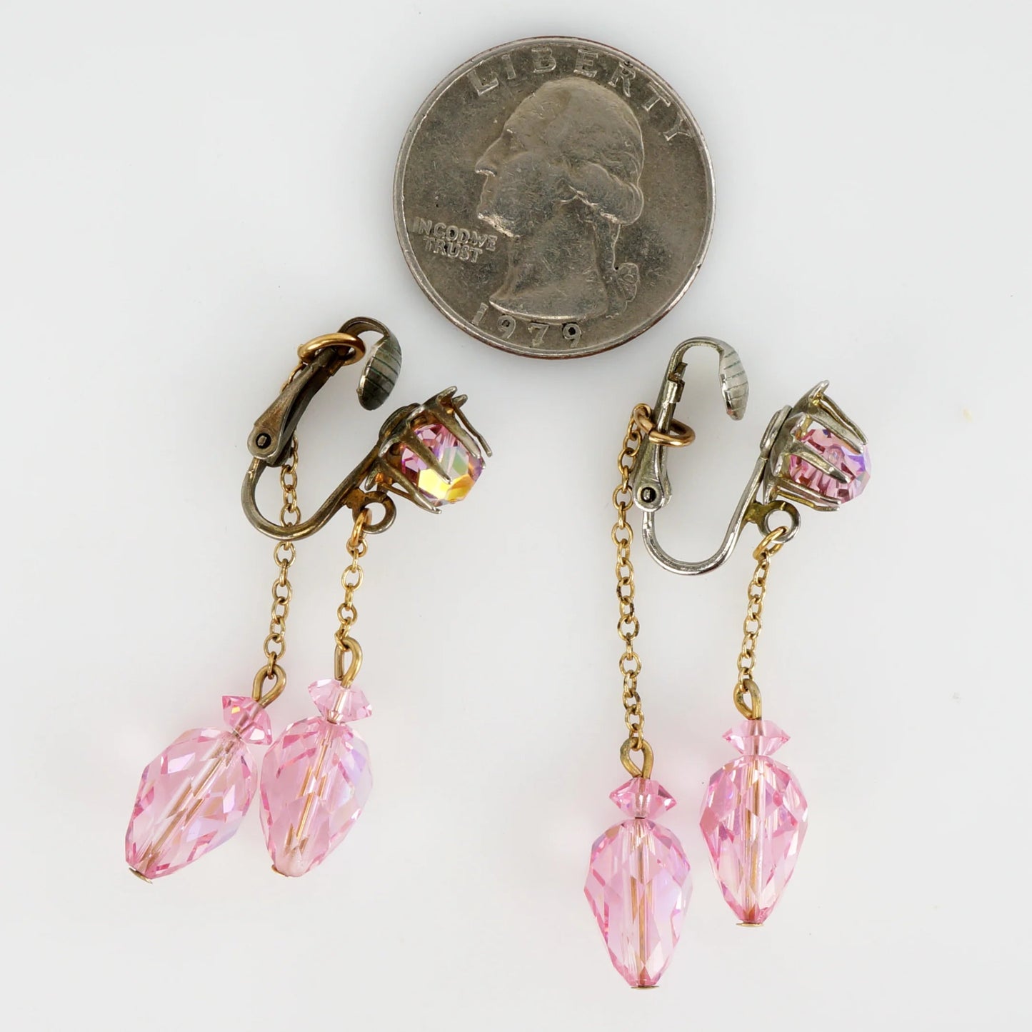 Vintage Pink Crystal Glass Rhinestone Dangle Chain Earrings c 1960s - Bear and Raven Antiques