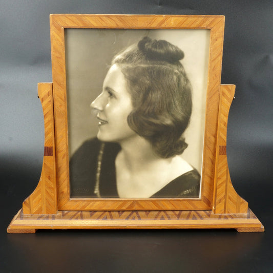 Wood Marquetry Tilt Picture Frame with Photo of Hollywood Beauty Circa 1930 - Bear and Raven Antiques