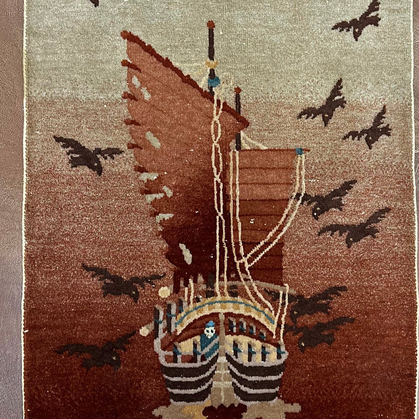 Antique Chinese Pictorial Wool Rug 30 in x 53 in of Boat at Sunset c 1920 - Bear and Raven Antiques