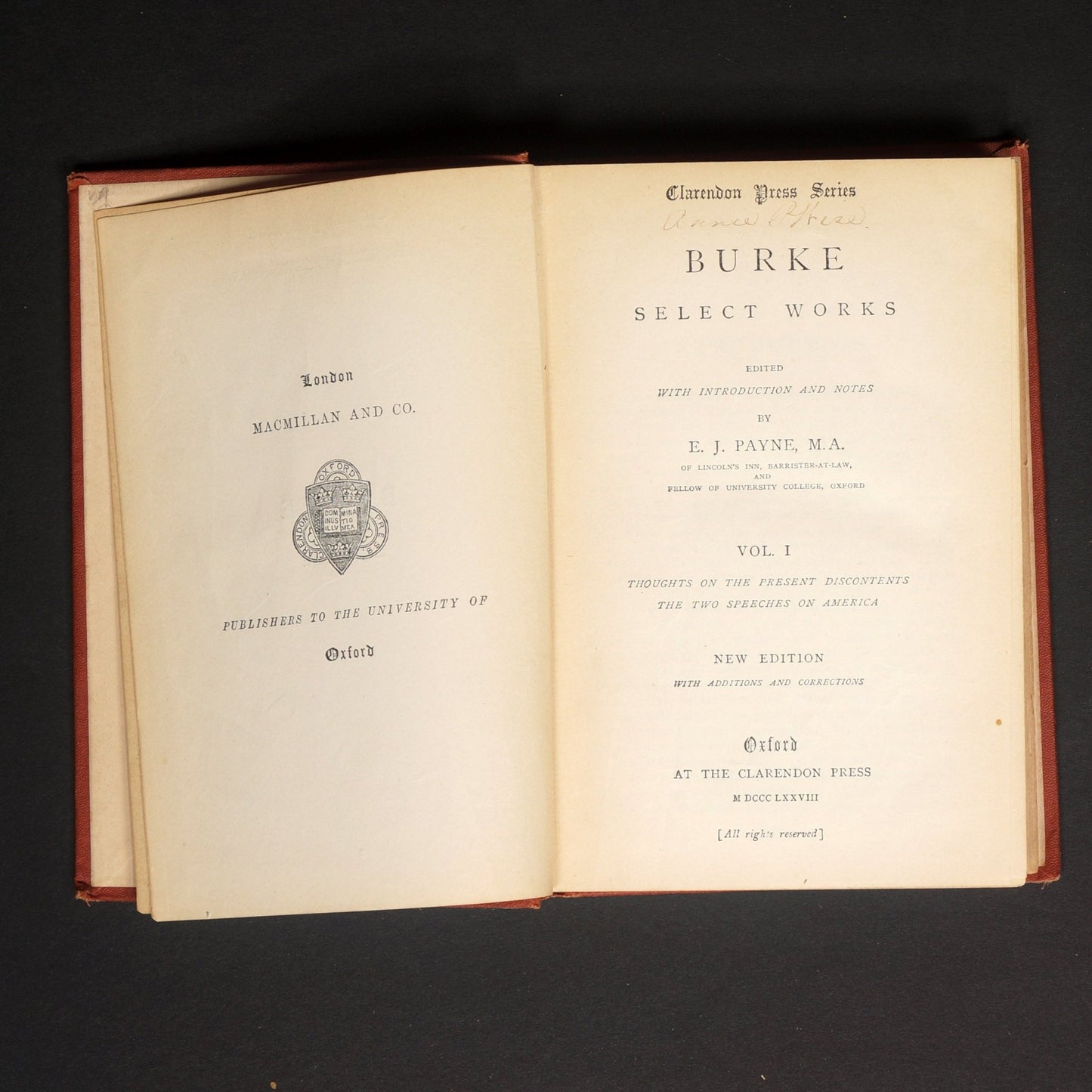 Burke Select Works, Volume 1, Clarendon Press, 1878 - Bear and Raven Antiques