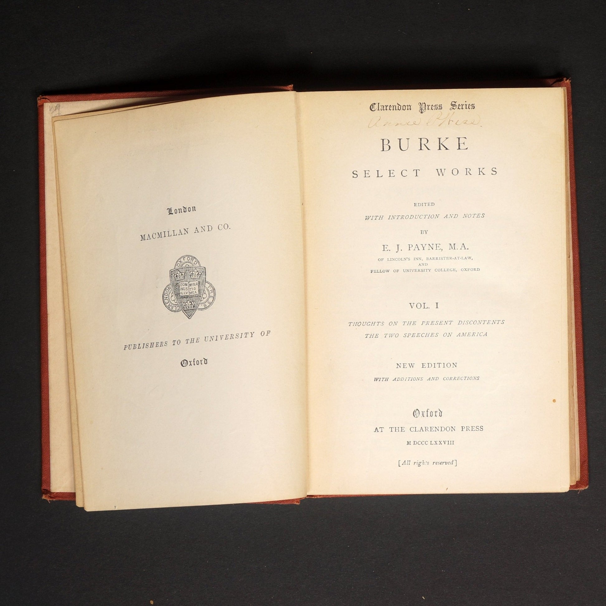 Burke Select Works, Volume 1, Clarendon Press, 1878 - Bear and Raven Antiques