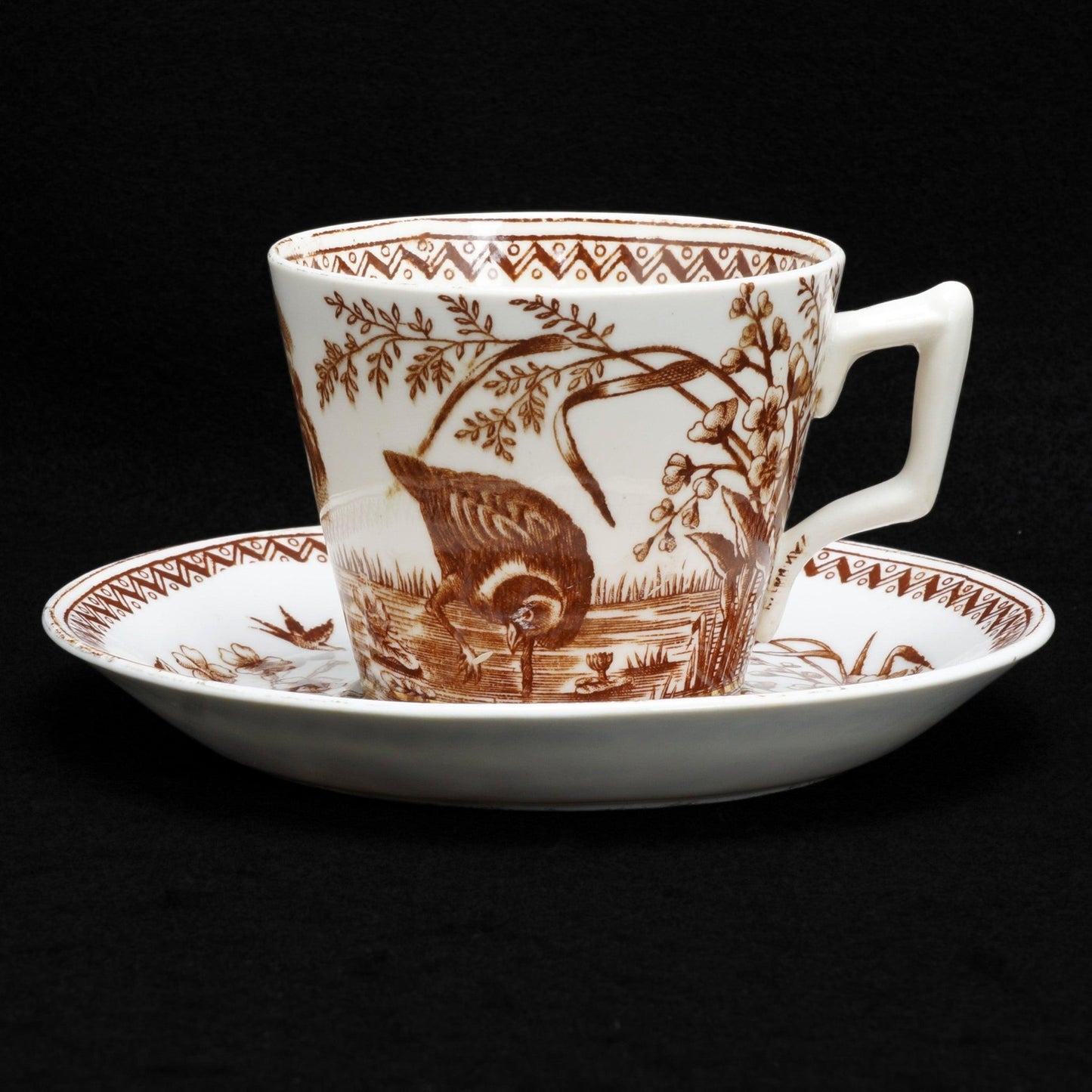 Charles Allerton & Sons Staffordshire Transferware Water Hen Teacup and Saucer Late 19th Century - Bear and Raven Antiques