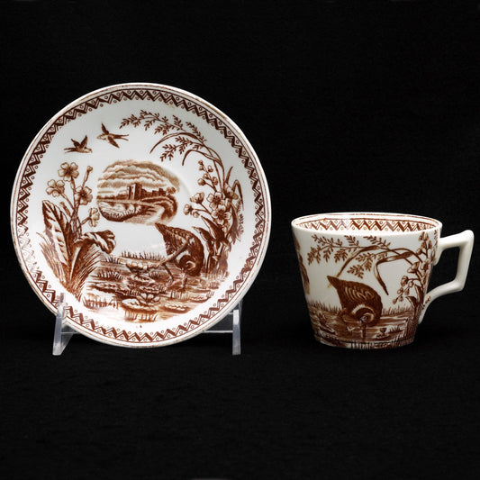 Charles Allerton & Sons Staffordshire Transferware Water Hen Teacup and Saucer Late 19th Century - Bear and Raven Antiques