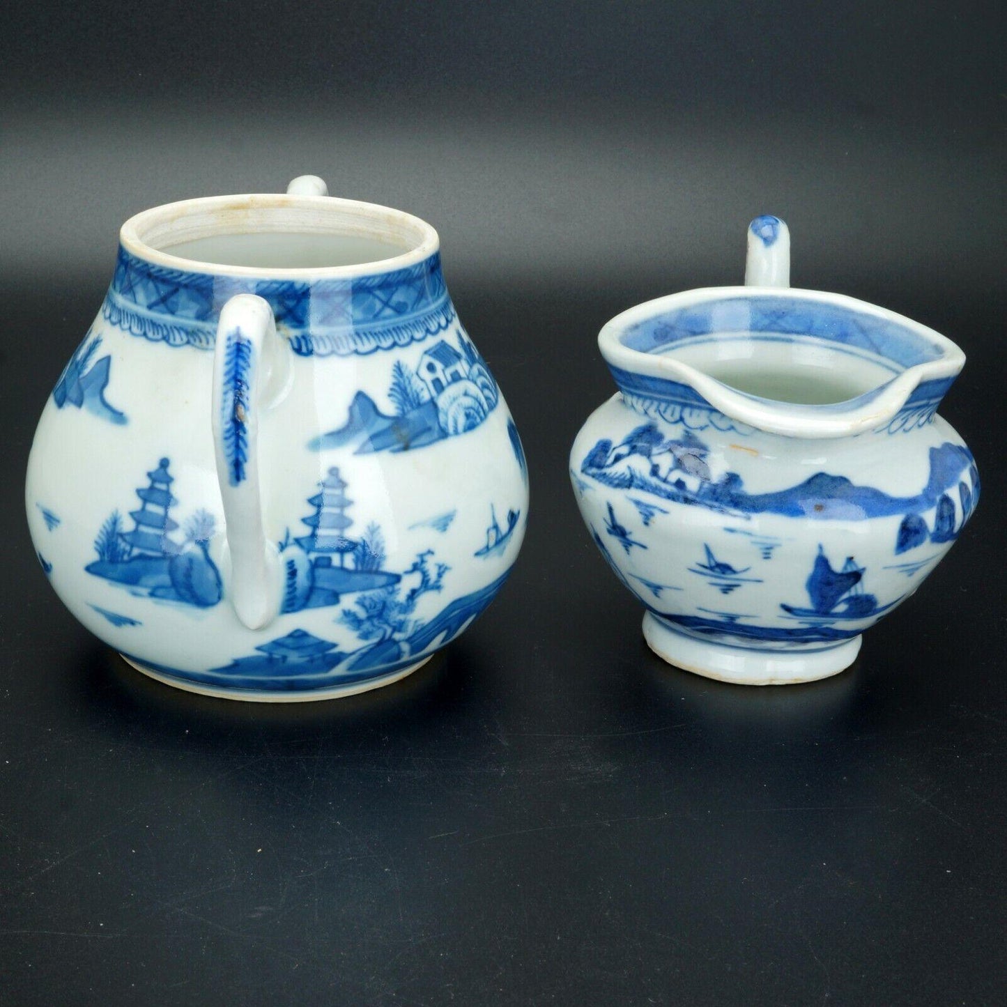 Chinese 18th/19th C Canton ware blue and white porcelain cream and sugar - Bear and Raven Antiques