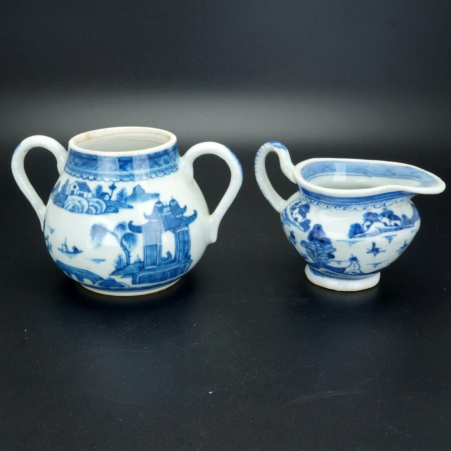 Chinese 18th/19th C Canton ware blue and white porcelain cream and sugar - Bear and Raven Antiques