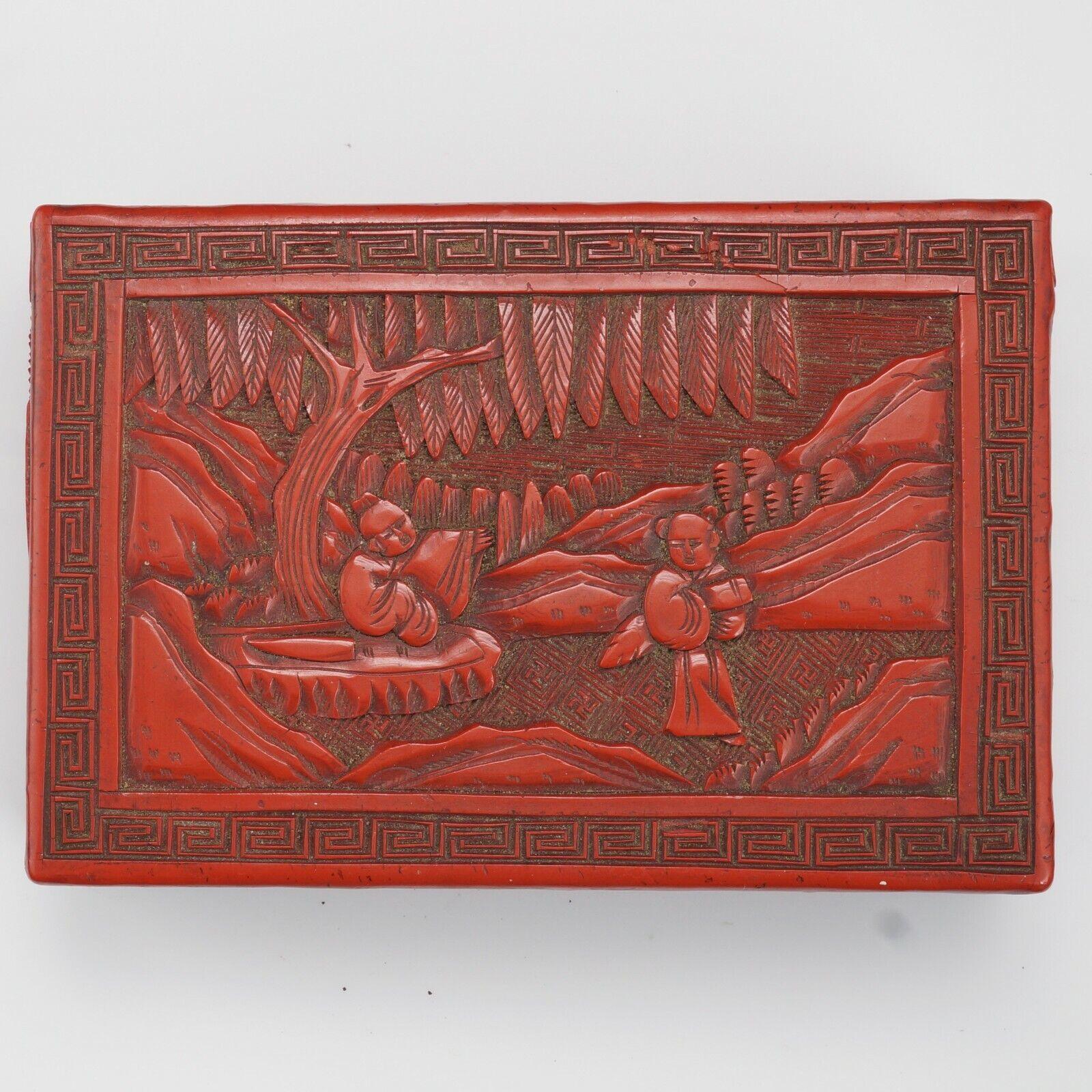 Chinese 19th C Cinnabar Lacquer Box on Wood - Bear and Raven Antiques