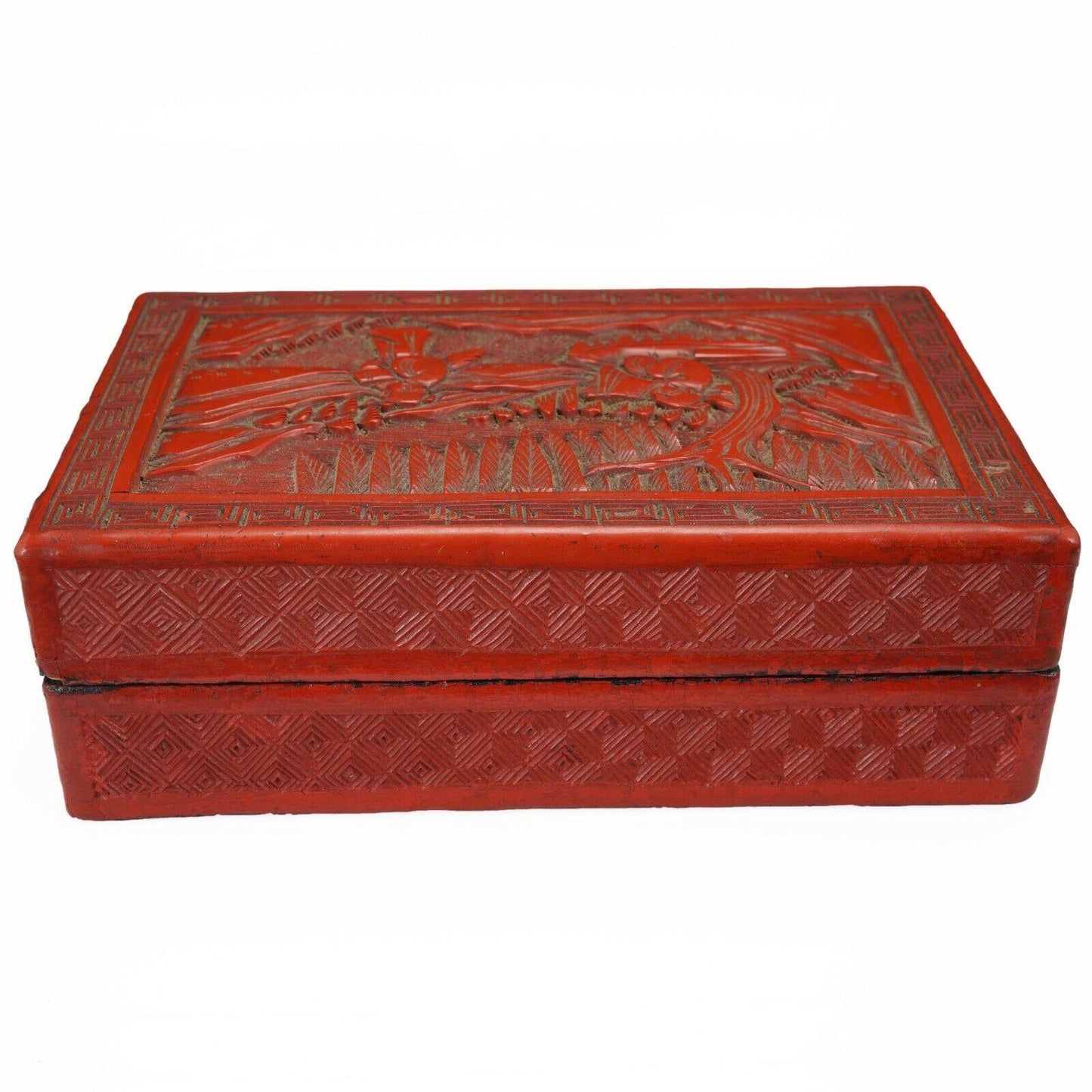 Chinese 19th C Cinnabar Lacquer Box on Wood - Bear and Raven Antiques