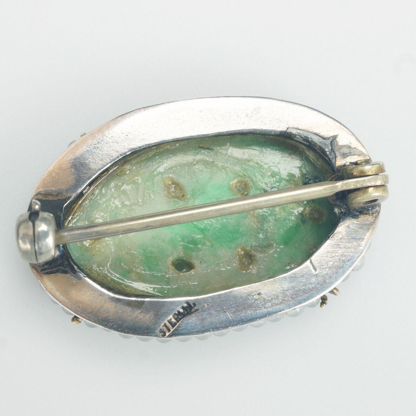 Chinese Apple Green Carved Jade and Sterling Silver Pin circa 1920 - Bear and Raven Antiques