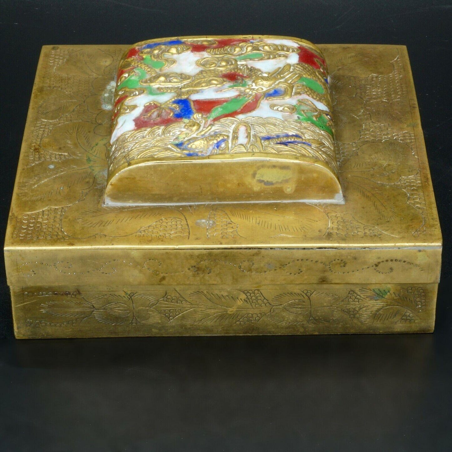 Chinese brass lidded box with enameled design of a dragon in the clouds ca 1900 - Bear and Raven Antiques