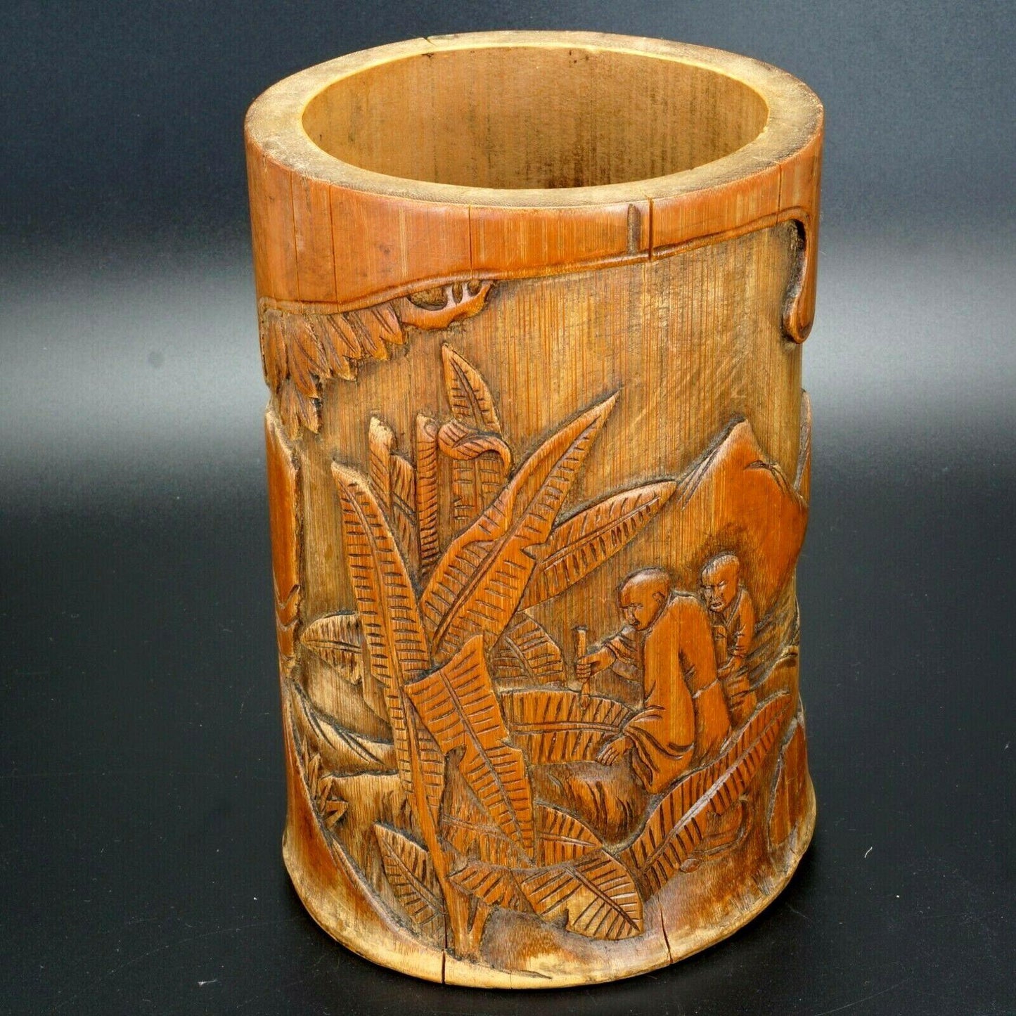 Chinese carved bamboo brush pot bitong scholars bananas late 19th/early 20th C - Bear and Raven Antiques