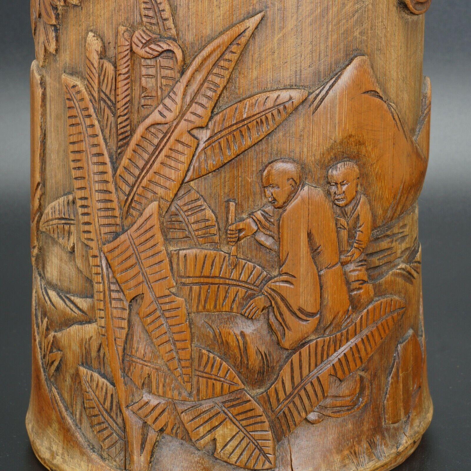 Chinese carved bamboo brush pot bitong scholars bananas late 19th/early 20th C - Bear and Raven Antiques