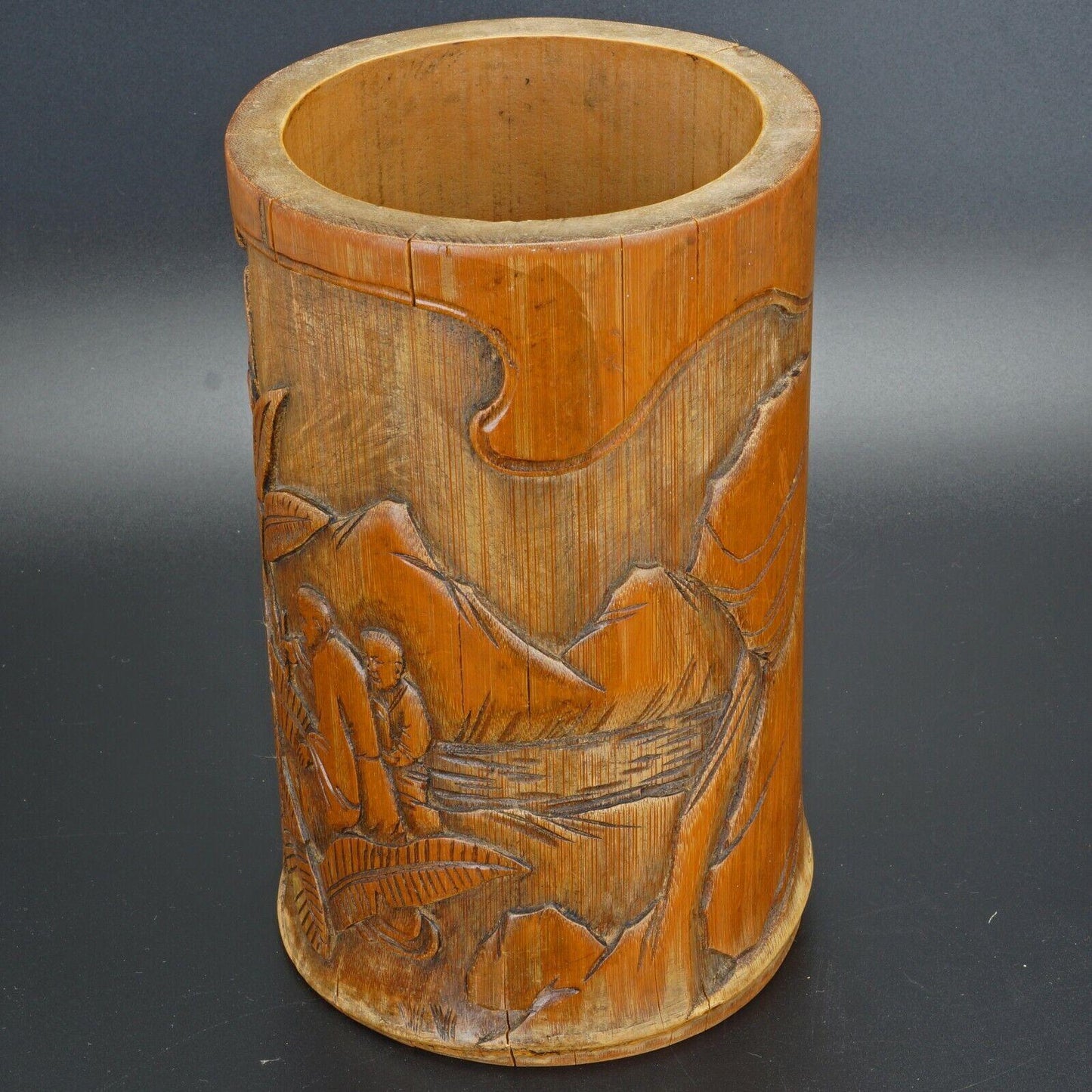 Chinese carved bamboo brush pot bitong scholars bananas late 19th/early 20th C - Bear and Raven Antiques