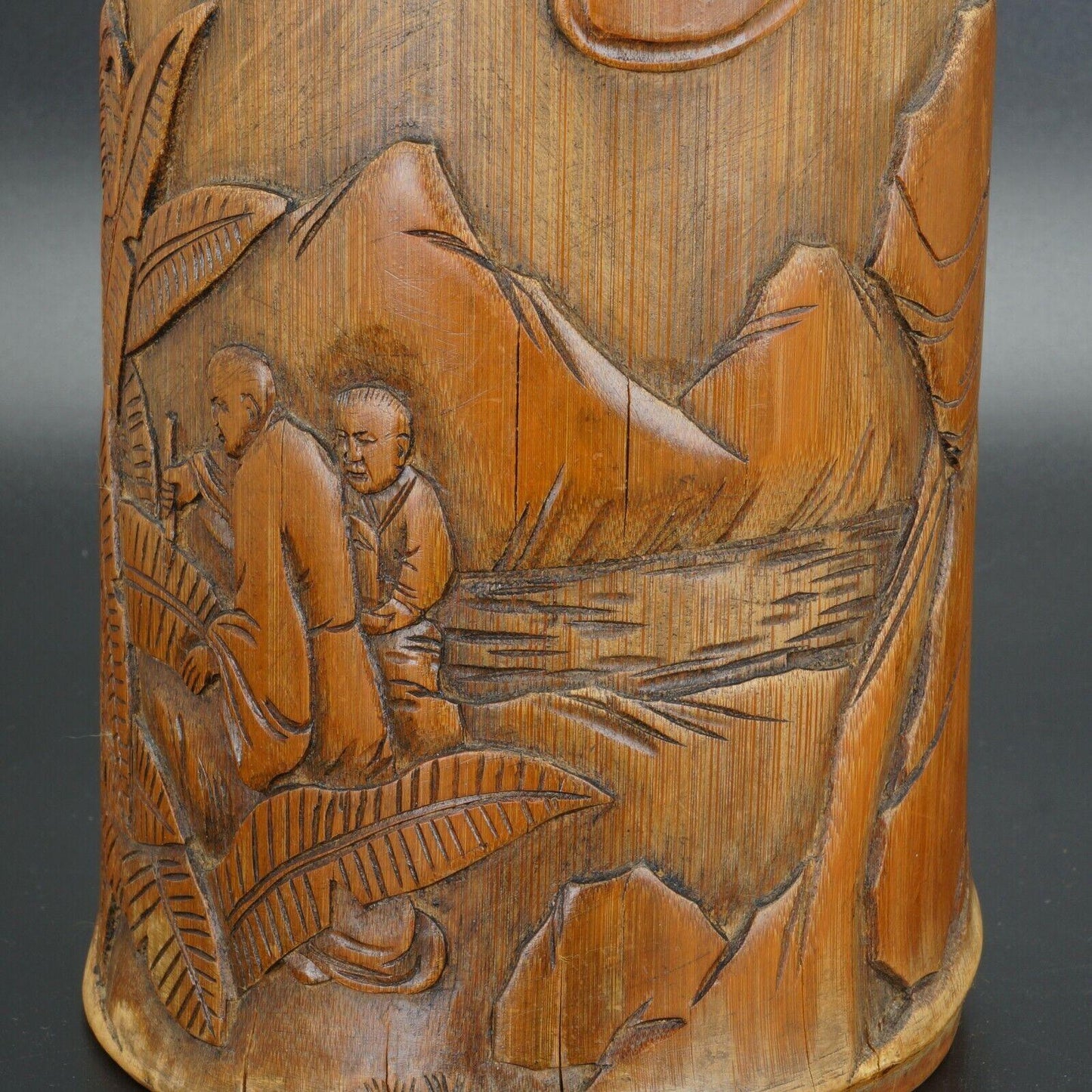 Chinese carved bamboo brush pot bitong scholars bananas late 19th/early 20th C - Bear and Raven Antiques