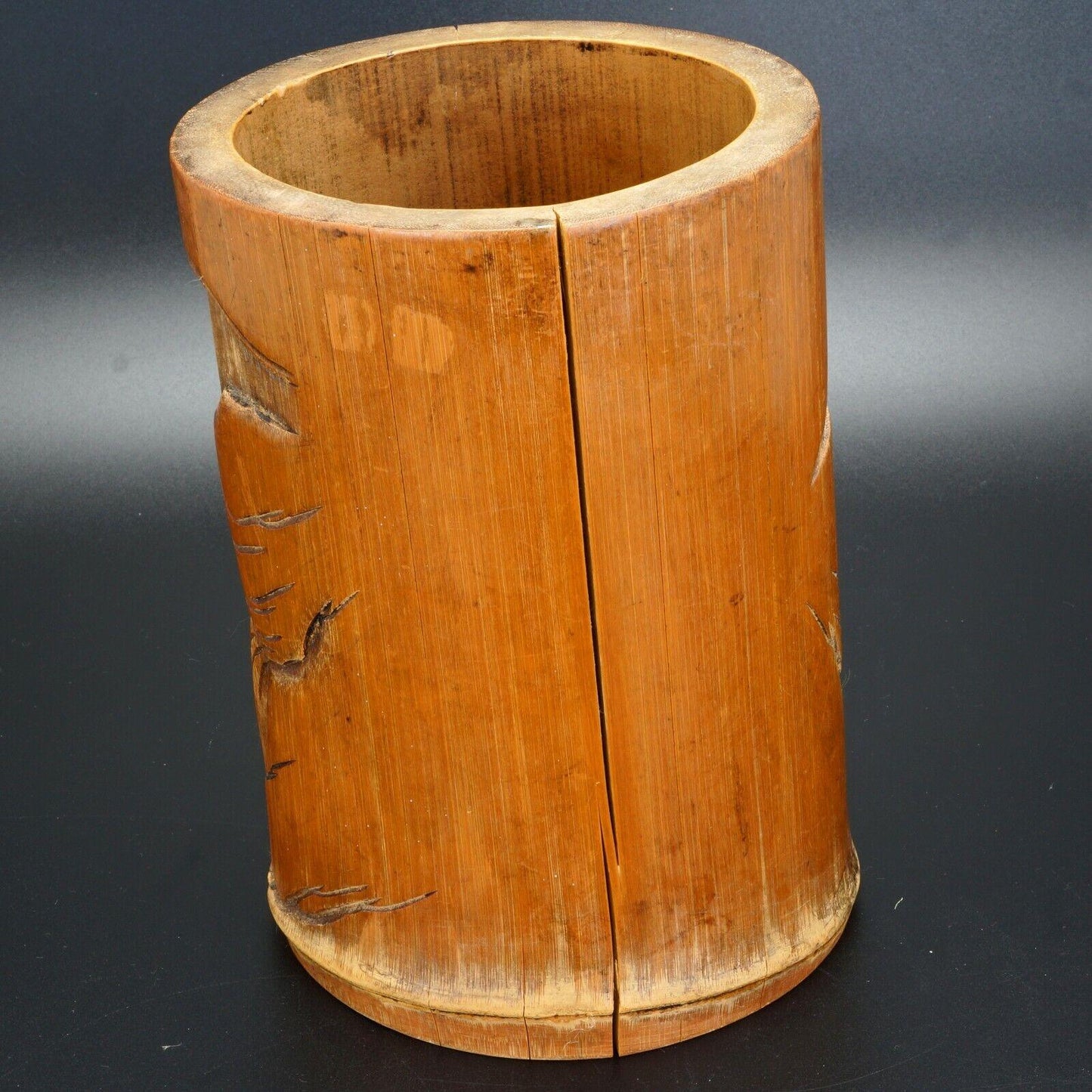 Chinese carved bamboo brush pot bitong scholars bananas late 19th/early 20th C - Bear and Raven Antiques