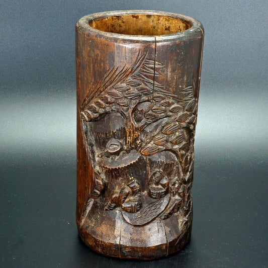 Chinese carved wood bamboo brush pot bitong 19th century - Bear and Raven Antiques