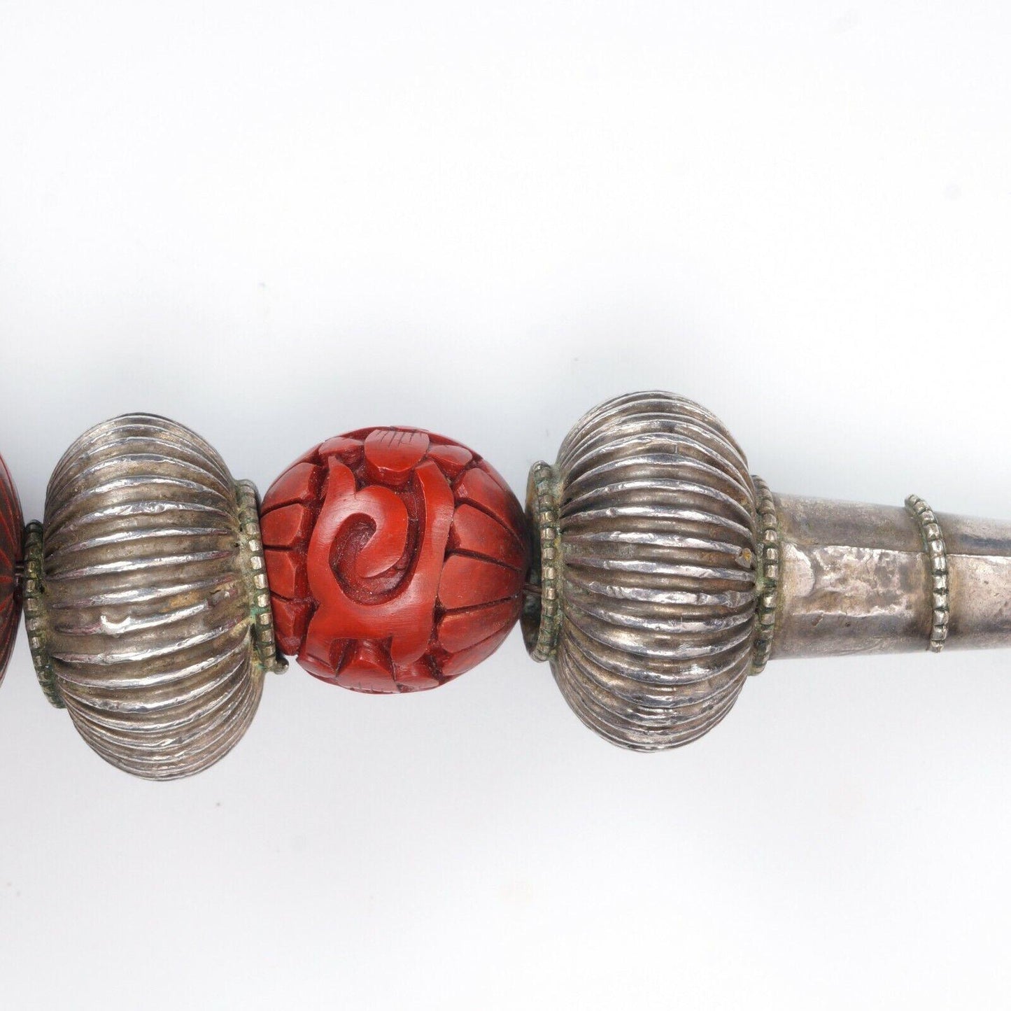 Chinese Cinnabar and Silver Plate Tibetan Tribal Necklace Antique Silver Beads - Bear and Raven Antiques