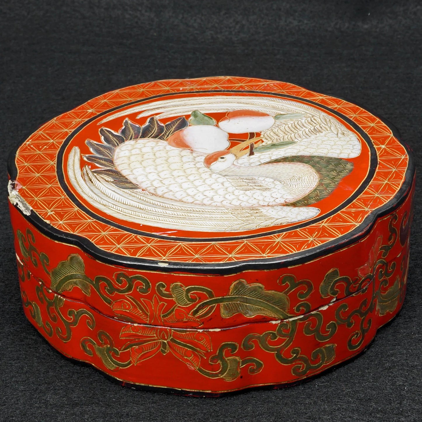 Chinese Lacquer Box with Crane and Peach early 20th Century - Bear and Raven Antiques