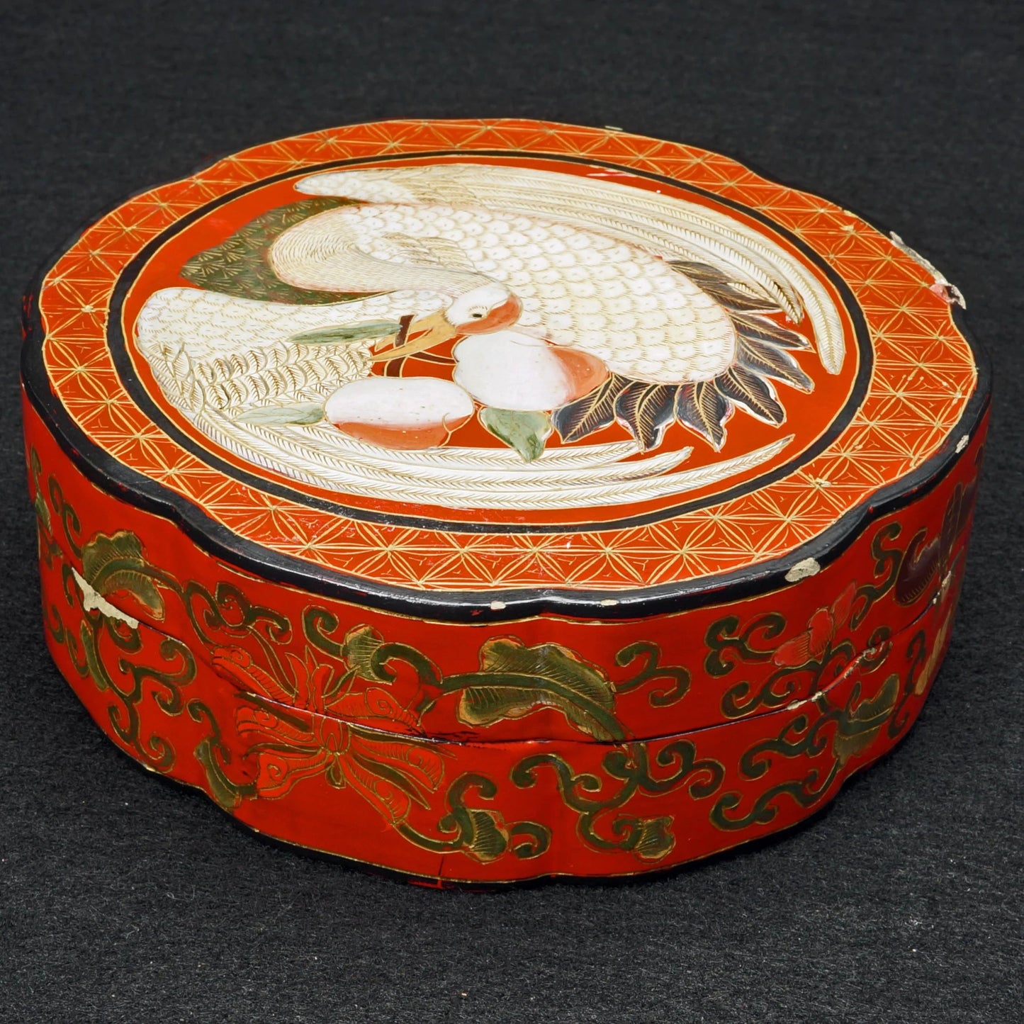 Chinese Lacquer Box with Crane and Peach early 20th Century - Bear and Raven Antiques