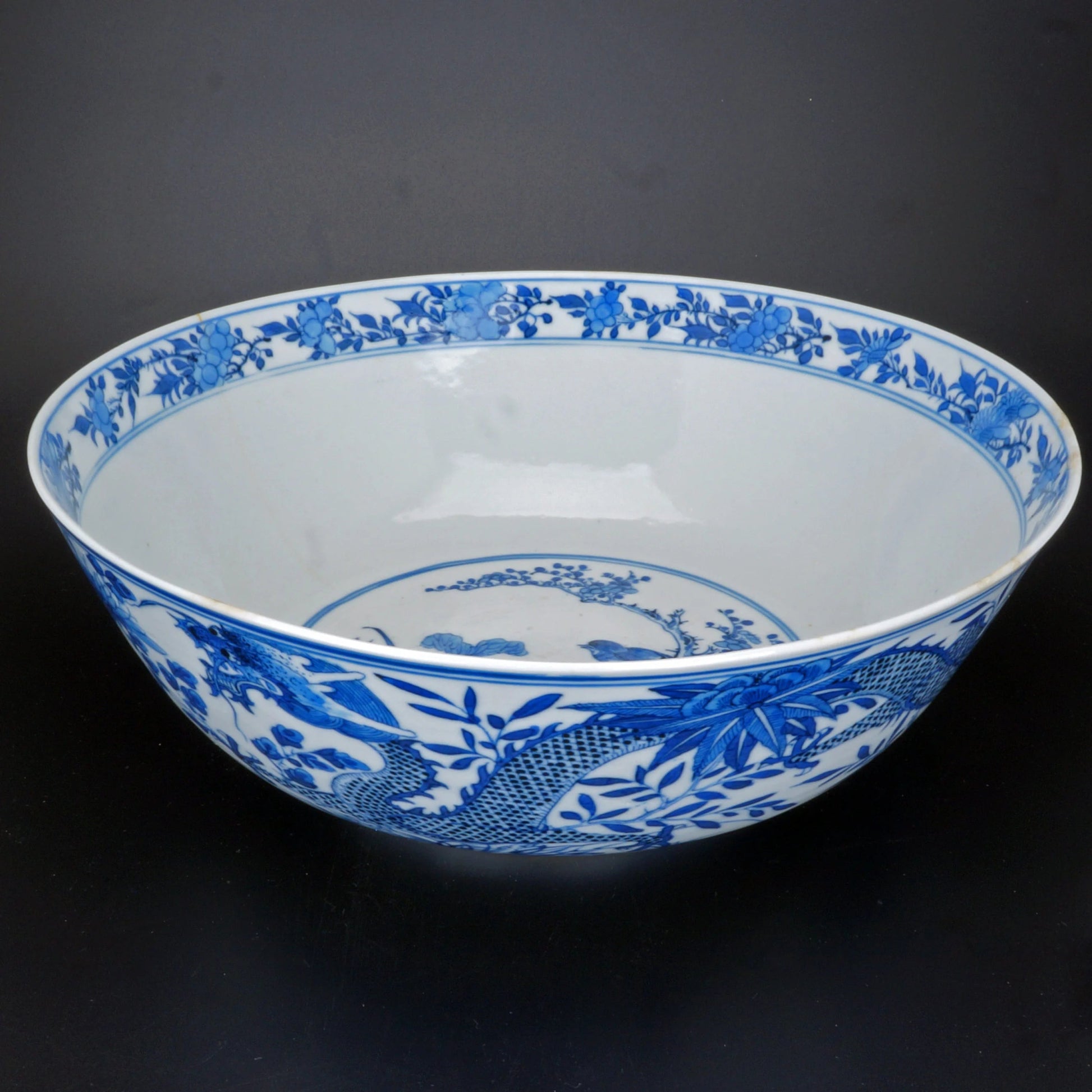 Chinese Large Blue and White Bowl Kangxi Reign Mark 19th Century - Bear and Raven Antiques