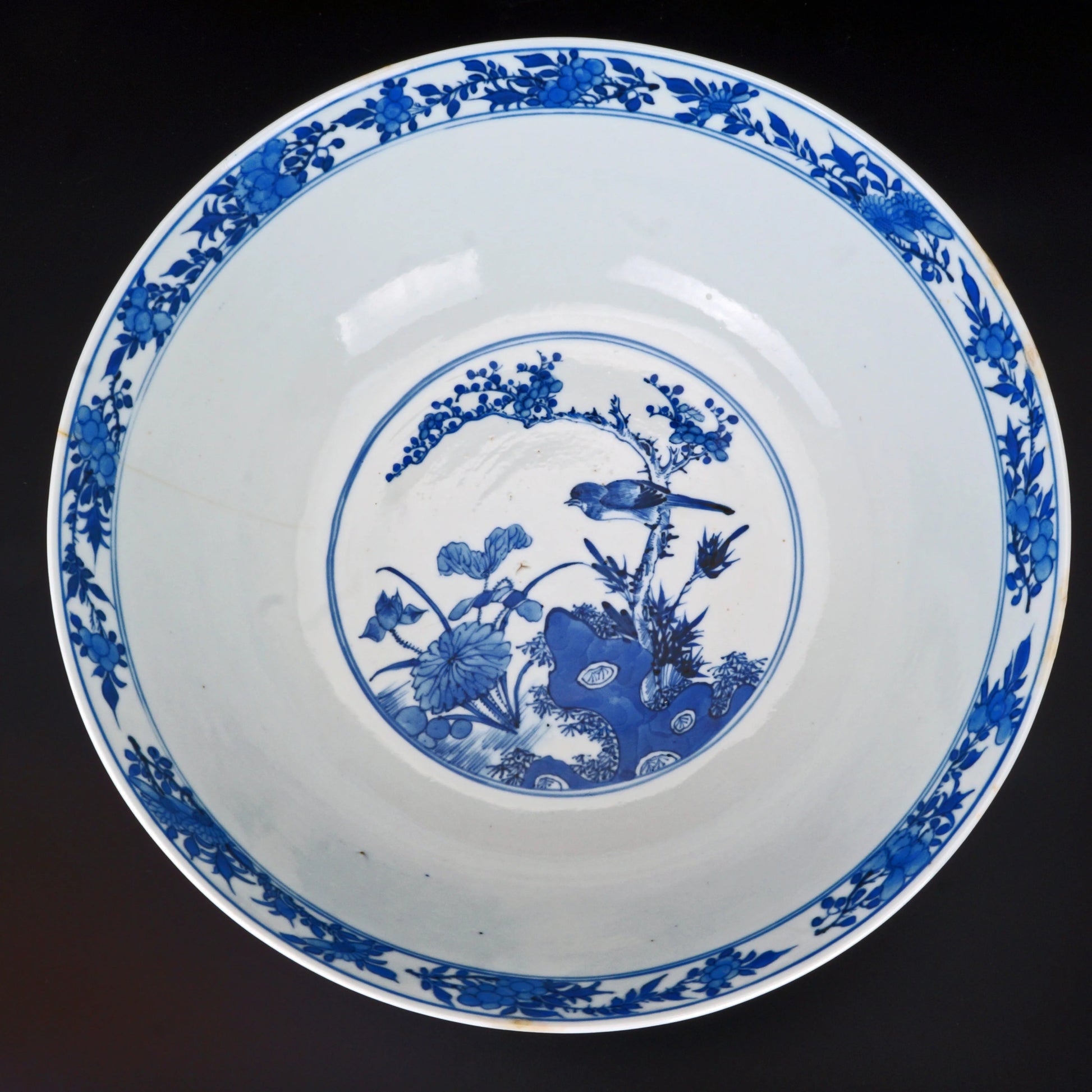 Chinese Large Blue and White Bowl Kangxi Reign Mark 19th Century - Bear and Raven Antiques