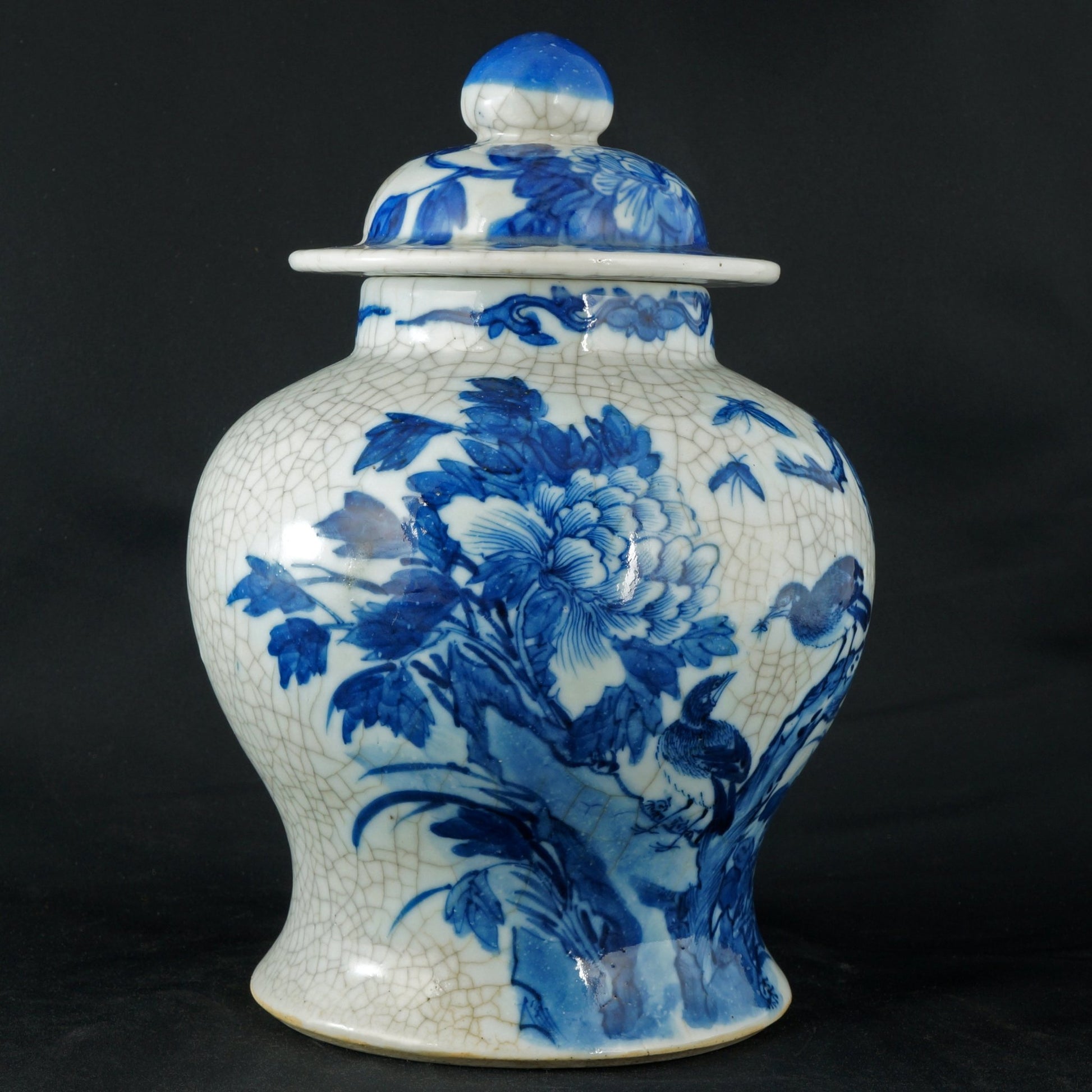 Chinese Lidded Jar Blue and White with Crackle Kangxi Mark 19th Century - Bear and Raven Antiques