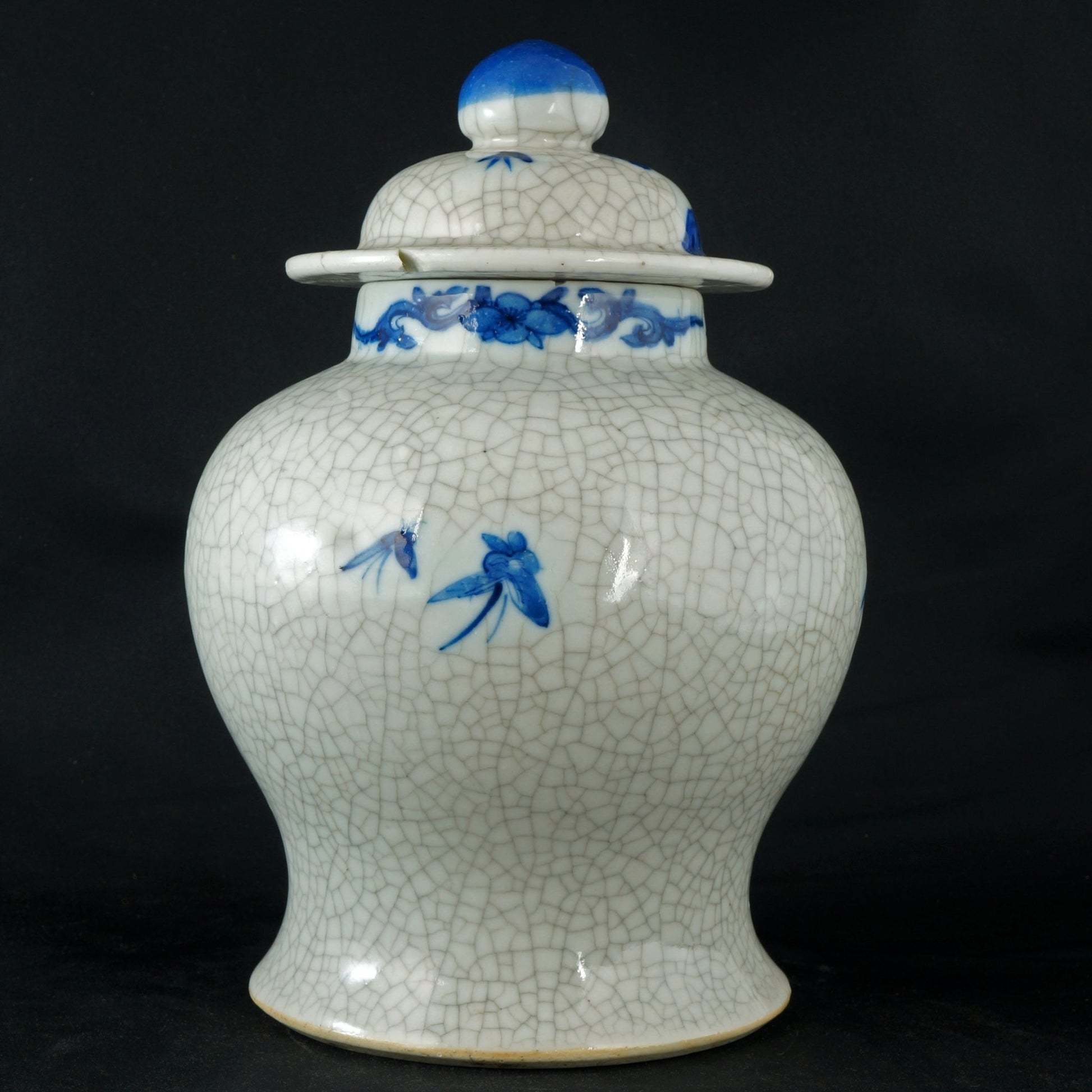 Chinese Lidded Jar Blue and White with Crackle Kangxi Mark 19th Century - Bear and Raven Antiques