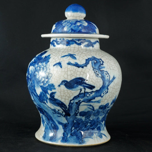 Chinese Lidded Jar Blue and White with Crackle Kangxi Mark 19th Century - Bear and Raven Antiques